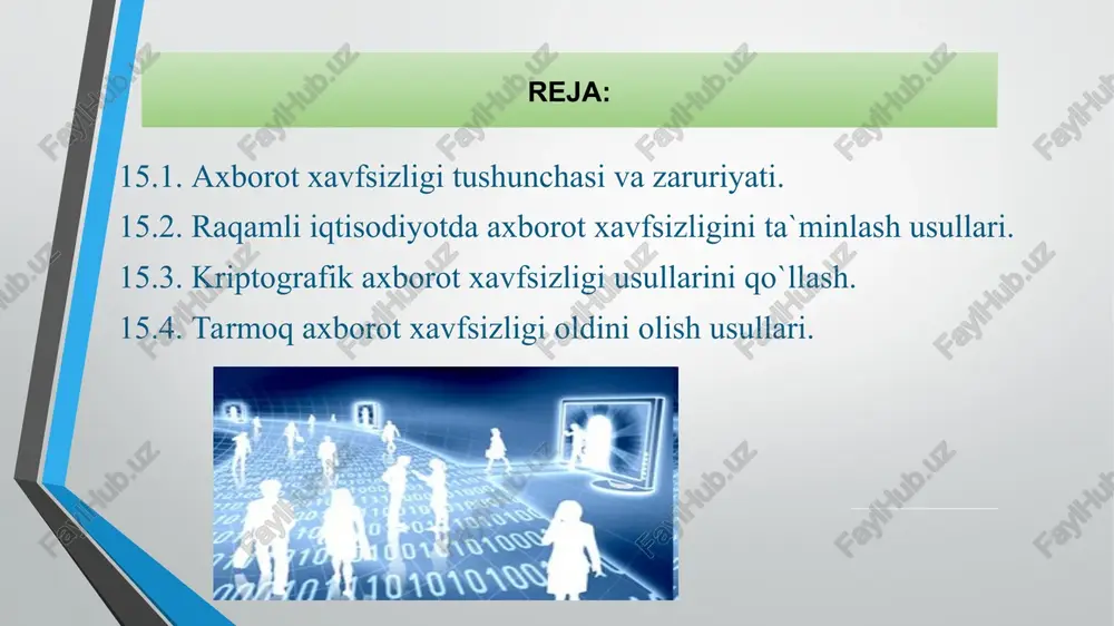 ’lumotlarni saqlovchi fayllarni qisqa vaqt ichida diskka yoki flesh-kartali tashqi xotiraga osongina ko‘chirib olish mumkin. kompyuter tarmoqlarida esa axborot resurslariga murojaat qilishni nazorat qilish murakkabligi tufayli tarmoqda saqlanayotgan axborotlarning yaxlit holda saqlanishiga kafolat berish mushkul. demak, axborot xavfsizligi muammosi jamiyatdagi axborotlarning muhim va qimmatliligini e’tirof etadi. o‘zbekiston respublikasining «axborot erkinligi prinsiplari va kafolatlari to‘ѓrisida»gi qonuni 3-moddasida axborot borasidagi xavfsizlik tushunchasiga «axborot sohasida shaxs, jamiyat va davlat manfaatlarining himoyalanganlik holati», deb ta’rif berilgan. axborot xavfsizligi deb axborot tizimida tasodifiy yoki ѓarazli ravishda axborot egasiga yoki uning foydalanuvchisiga zarar yetkazuvchi tahdidlardan himoyalanganlikka aytiladi. axborotga yoki uning infrastrukturasiga nisbatan amalga oshiriladigan hurujlar tabiiy yoki sun’iy ravishda bo‘lib, ular axborot orqali munosabatda bo‘lgan sub’ektlarga juda katta zarar yetkazishi mumkin. axborot xavfsizligini ta’minlashga qaratilgan tadbirlarning majmui axborot muhofazasi deyiladi. 2003 yilning 11 dekabrida o‘zbekiston respublikasi prezidenti tomonidan yuqorida keltirilgan «axborotlashtirish to‘ѓrisida»gi qonunni takomillashtirish maqsadida juda ham muhim rol o‘ynovchi «elektron raqamli imzo to‘g’risida»gi qonun imzolandi. …