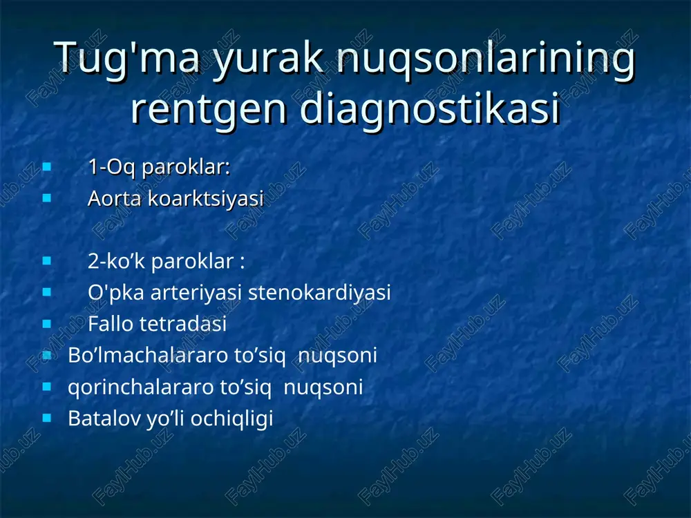 etrosternal joy (m.b. va chap qorincha tufayli) o'ng qorinchaning 2 qiya proyeksiyasida -kattalashishi (shuntga qarab ham qoldirilishi mumkin) aorta koartatsiyasi barcha tug'ma malformatsiyalarning 15-18% hollarida kuzatiladi bannerga ko'ra, kindik turi aortaning uzoqroq muddatga torayishi bo'lib, kattalar turi cheklangan hudud uchun aortaning torayishi hisoblanadi. gemodinamika: sistolada qon aortaga chiqariladi.agar toraytirish yelka bosh poyasining chiqishidan pastda bo'lsa, chap qorincha tonogen ravishda kengaygan, gipertrofiyalangan, chunki u yuk bilan kesishishga qarshi ishlaydi. yuqori va pastki ekstremitalarda bp o'rtasidagi klinik jihatdan katta farq rentgenologik qovurg'alarni uzuratsiyalari - 30-80% hollarda (kostyum arteriyalarida bosimning oshishi tufayli) yurak-aort konfiguratsiyasi. aorta kengayigan. 1 va 2-sonli obliq proyeksiyalarda, chap qorinchaning kattalashishi funktsional belgilar chap qorinchaning jiddiy tabiatidir. aortadagi pulsatsiyalar amplitudasini oshirish. ultratovush-1 – aortaning torayishi (b, m). 2- aorta (b, m) ning oldindan va posttenotik kattalashishi.3- lv miyokard gipertrofiyasi.4 - aort regurgitatsiya belgilari (d).5- chap subklavian arteriya kompensaziy ravishda kengaygan, konvolyutsiyalangan, yuqori tezlikda qon oqimini toraytirish joyi ustidan (d) follo …