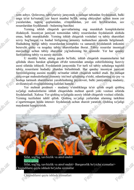 foydalanish. u yerdan oqilona foydalanish va muhofaza qilishni tashkil etish, qulay iqtisodiy muhitni yaratish, tabiiy landshaftlarni yaxshilash va yer qonunchiligini hayotga tatbiq etishdan asosiy maqsad bo‘lgan yer tuzish jarayonidagina hal etilishi mumkin. keng ma’noda yer tuzish – bu mavjud ishlab chiqarish kuchlari va ishlab chiqarish munosabatlari ta’sirida yuzaga keladigan yer bilan uzviy bog’liq bo’lgan hudud va ishlab chiqarish vositalarini maqsadli tashkil etishning ijtimoiy-iqtisodiy jarayonidir. tor ma’noda bular davlat, yer egalari va yerdan foydalanuvchilarning yerdan foydalanish va muhofaza qilishda tartibni tiklashga qaratilgan harakatlaridir. hozirgi vaqtda rossiyada er xo'jaligining roli mamlakatning o'tishi munosabati bilan sezilarli darajada oshdi bozor iqtisodiyoti yerni qayta taqsimlash jarayoni, yerga egalik qilishning xilma-xil shakllarining vujudga kelishi. yuqoridagi qonunda yer tuzish deganda yerning holatini oʻrganish, yerdan oqilona foydalanish va ularni muhofaza qilishni rejalashtirish va tashkil etish, yerda yer tuzish obʼyektlarining joylashishini tavsiflash va (yoki) chegaralarini belgilash, undan oqilona foydalanishni tashkil etish chora-tadbirlari tushuniladi. har bir inson va butun insoniyat …