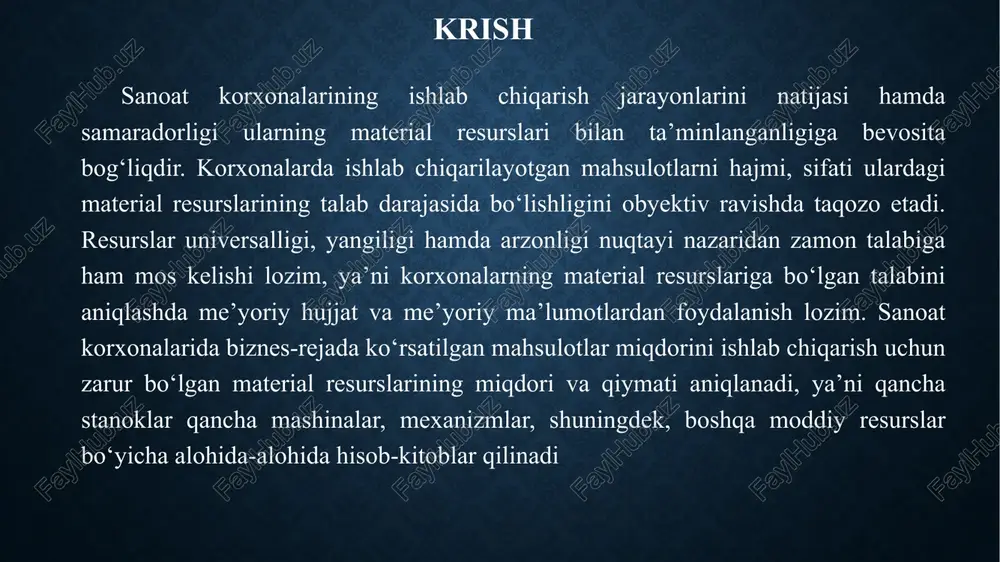 i: -korxona birlashmalarining zaruriy moddiy resurslari bilan ta’minlanganlik darajasini aniqlash -moddiy texnika ta’minoti belgilangan rejasining haqiqatga yaqinligini tekshirish -moddiy resurslarkorxona yetkazib berish xajmini sifatliligini kompleksligini xamda maromiylik darajasini belgilash transport tayyorlov xarajatlarini hisoblash –moddiy resurlarni yetkazib berish borasida korxonalararo tuziladigan shartnomalarning o’z vaqtida tuzilganligini aniqlash -materiallardan samarali foydalanish ko’rsatkichlarini aniqlash va ularni maxsulot hajmiga xamda uning tannarxiga muiqdor jihatdan hisoblash -xom ashyo materiallar yoqilg’i va materiallarga baxo berishda foydalanilmay qolgan ichki imkoniyatlarini aniqlash tahlil etish va hakozo. korxonalarda moddiy resurslardan to’liq bir meyorda hamda samarali foydalanganlik darajasini tahlil qilish uchun shu xolatlardan ifodalaydigan ko’rsatkichlar tizimidan foydalanish zarur asosiy fondlar bilan taminlanganlik hamda aylanma fondlar bilan taminlanganlik darajasi xisoblanadi.bu ko’rsatkichlarni moddiy resurslarni alohida tirlari bo’yicha hisoblash mumkin masalan stanoklar bilan xom-ashyo bilan elektr energiya bilan yoqilg’i bilan va boshqa resurslar bilan ta’minlanganligini aniqlash mumkin. moddiy resurslardan foydalanishgning to’liqliligini asosan korxonaning ishlab chiqarish quvvatidan foydalanish darajasi isbotlaydi. moddiy resurlardan foydalanishni iqtisodiy samaradorligini …
