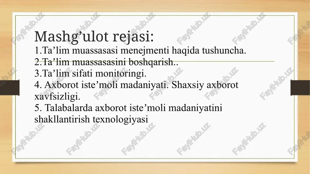 ndan ko‘rish (anglash) va rejalashtirish funksiyasi uchun maqsadli-motivlashtirish boshlang‘ich asos bo‘lib xizmat qiladi, oldindan ko‘rish-rejalashtirish funksiyasi tashkiliy shakllar, usullar, ta’sir etuvchi vositalami aniqlaydi, nazoratning me’yori va natijalarini baholashga xizmat qiladi t ashkiliy-ij rocbilik funksiyasi. bu funksiya boshqaruv faoliyatining barcha yo‘nalishlarida o‘z ifodasini topadi. bu kadrlar tanlash va joy-joyiga qo‘yish, ijrochilaming o‘zaro ta’sir etish tizimini shakllantirish, axborotlar to‘plash va ularga ishlov berish faoliyatlari bilan bog‘liq bo‘ladi nazorat-tashxis funksiyasi. nazorat - bu boshqaruv jarayonining faol bosqichlaridan biri bo‘lib, u boshqaruvning barcha funksiyalari bilan bog‘liq bomadi. umumiy holda nazorat rejalashtirilgan natija bilan haqiqiy erishilgan natijalami o‘zaro solishtirish jarayoni bo‘lib, u faoliyatning muvaffaqiyatini aniqlashga imkoniyat yaratadi. tartibga solish - muvofiqlashtirish funksiyasi pedagogik tizimning holatini zamriy, belgilangan darajada ushlab turish, uni yangi sifat darajasiga ko‘tarish va pedagogik jarayonda yo‘l qo‘yilayotgan xatoliklami tuzatish hamda pedagogik jarayon ishtirokchilarining xatti-harakatlarini tartibga solish uchun xizmat qilad image3.png image4.png /docprops/thumbnail.jpeg