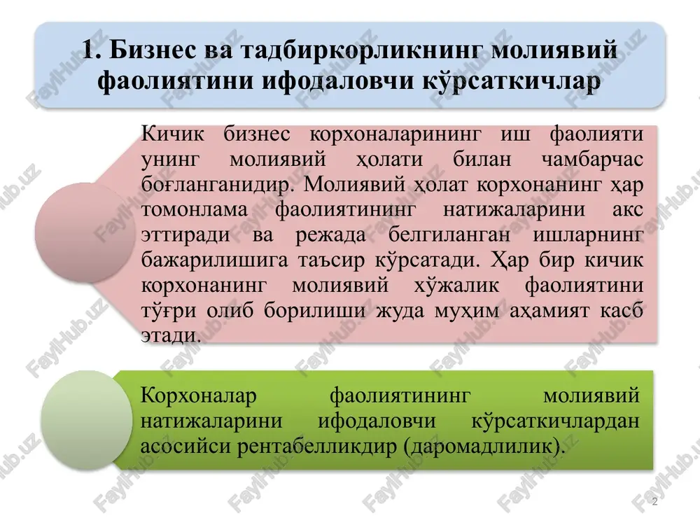 ) necha so'miga to'g'ri kelishini ko'rsatadi: ushbu ko'rsatkichning normadagi qiymati – 2. 6 6 absolyut likvidlilik koeffitsienti (alk) pul mablag'lari (pm) bilan qimmatli qog'ozlar (qq) yig'indisini jami majburiyatlar nisbatiga teng: tezkor likvidlilik koeffitsienti (tlk) pul mablag'lari (pm) bilan debitorlik qarzdorlik (dk) yig'indisini jami majburiyatlar nisbatiga teng: ushbu ko'rsatkichning normadagi qiymati – 1. absolyut likvidlilik koeffitsienti qisqa muddatli majburiyatlarning qanday qismi darxol to'lanishligini ko'rsatadi. ushbu ko'rsatkichning normadagi qiymati – 0,2. 7 korxona asosiy faoliyatining rentabelligi sotilgan mahsulotlardan olingan foydani (yalpi foyda) mahsulotlarning tannarxiga nisbati orqali aniqlaniladi: korxonaning sotuv rentabelligi sof foydani maxsulotlar sotishdan tushgan tushumga (yalpi tushum) nisbati orqali aniqlaniladi: asosiy vositalarning rentabelligi (rav) - sof foydaning asosiy vositalar o'rtacha yillik qiymatiga nisbati orqali aniqlanadi: 7 7 8 biznes va tadbirkorlik sub'ektlari moliyaviy faoliyatini tahlil qilish moliyaviy tahlilning maqsadi – foyda va rentabellik ko'rsatkichlari dinamikasini chuqur o'rganish va omilli tahlil qilish asosida ularni yanada ko'paytirish va oshirish imkoniyatlarini aniqlashdan iborat. ushbu …
