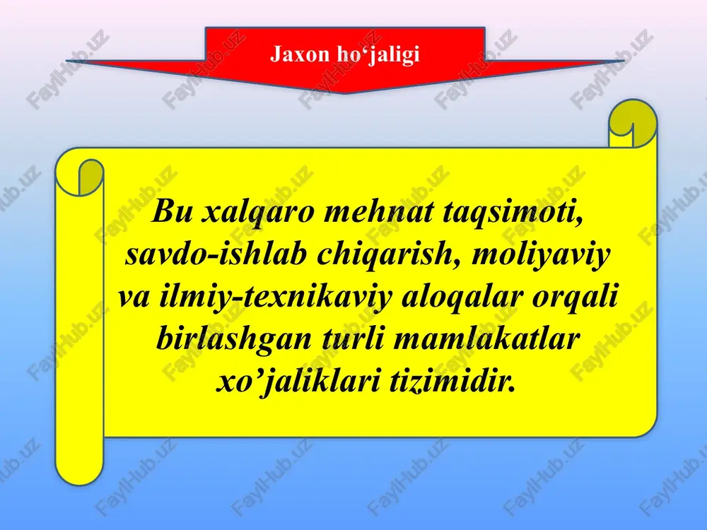 higa toʼgʼri keluvchi miqdori; 3 milliy iqtisodiyotning tarmoq tuzilmasi; 4 mamlakat eksporti va importi tarkibiy tuzilmasi; 5 aholining turmush darajasi, sifati va boshqalar. jahon mamlakatlarida milliy daromadning aholi jon boshiga toʼgʼri kelishiga koʼra guruhlanishi daromadlarning past darajasi 765 dollargacha (49 ta mamlakat); daromadlarning oʼrtacha darajasi 766 dollardan 9385 dollargacha (58 ta mamlakat); daromadlarning yuqori darajasi 9386 dollar va undan yuqori (26 ta mamlakat. rivojlanganlik darajasiga koʼra jahon mamlakatlarining guruhlanishi 1 rivojlangan mamlakatlar; 2 bozor iqtisodiyotiga asoslangan holda rivojlanayotgan mamlakatlar; 3 qoloq mamlakatlar. iqtisodiy hayotning baynalminallashuvi bu mamlakatlarning jahon miqyosida iqtisodiy aloqalarining kuchayishi hamda iqtisodiy munosabatlarning tobora kengroq jabhalarini qamrab olish jarayonidir. iqtisodiy jarayonlarning baynalmillalashuvi natijasida jahon xoʼjaligining quyidagi tarkibi vujudga keldi tovar va hizmatlar jahon bozori kapitallar jahon bozori ishchi kuchi jahon bozori xalqaro valyuta tizimi xalqaro kredit-moliya tizimi. xalqaro mehnat taqsimoti (xmt) bu alohida mamlakatlarning tovar va xizmatlarning maʼlum turlarini ishlab chiqarish boʼyicha ixtisoslashuvidir. globallashuv bu (lotincha globus – …