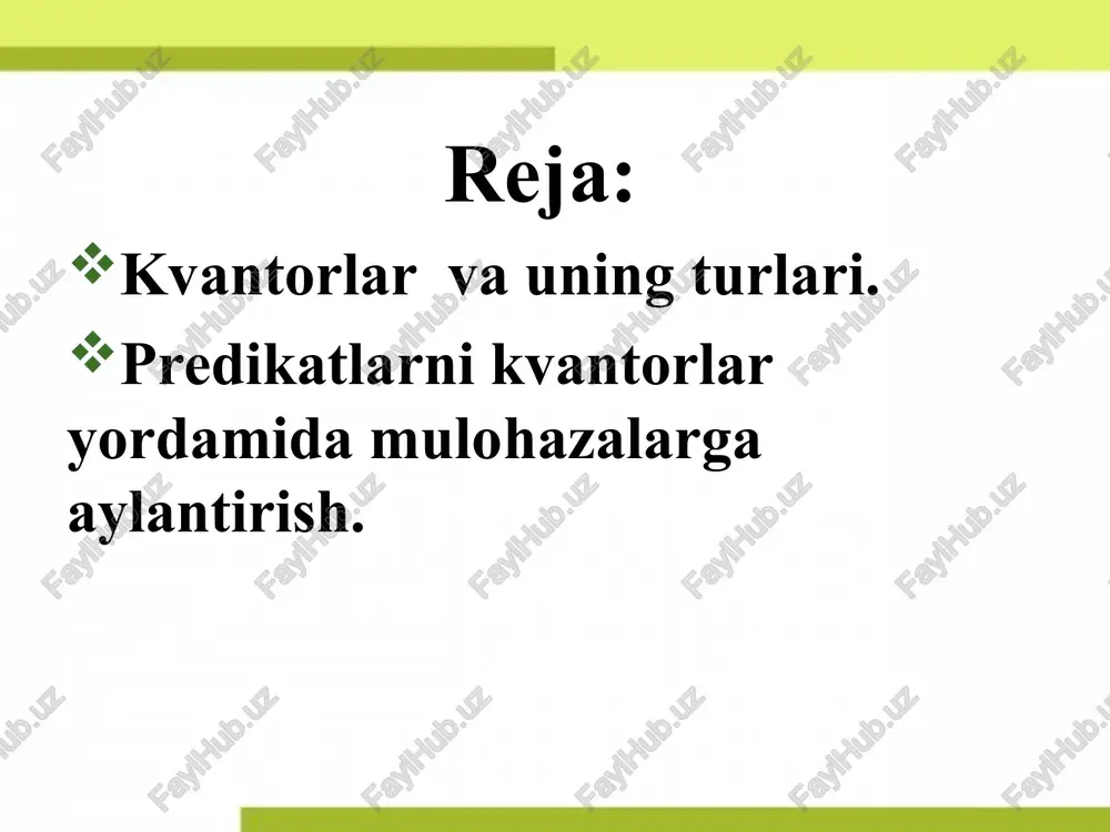(x):=”biror x uchun p(x)”, belgilar mos ravishda umumiylik va mavjudlik kvantorlari deyiladi.  va  bu yerda shunga o`hshash belgilar dastlab 1879 yilda fregenin «begriffsschrift» («tushunchalar hisobi») kitobida keltirilgan bo`lib, xozirgi ko`rinishda peanoning «formulaire de mathematiques» kitobida ilk bor uchraydi. «kvantor» terminini 1885 yilda ch. pirs kiritgan. mulohazalarni mantiqiy belgilar yordamida yozish. matematik mulohazalarni mantiqiy belgilar yordamida yozish uchun odatda chekli sondagi asosiy predikatlar tanlab olinib, qolgan xossa va munosabatlar ushbu predikatlar hamda erkli o`zgaruvchilar yordamida yordamida tuzilgan ta’rif, teoremalar orqali ifodalanadi. misol. p(x)=” x - to`rtburchak”, q(x)=” x - kvadrat” predikatlar berilgan bo`lsa, u holda “ixtiyoriy kvadrat to`rtburchakdir” mulohaza x q(x) p(x) ko`rinishda, ” ba’zi to`rtburchaklar kvadratdir”  mulohaza esa x q(x) p(x) ko`rinishda yoziladi. predikatli formulalar. bu yerda biz isbotsiz muxim bo`lgan tavtologiyalarni keltiramiz.  (x p(x))  x (  p(x)) “p(x) barcha x uchun o`rinli emas “ “p(x) ni qanoatlantirmaydigan x mavjud“  ( x p(x)) …