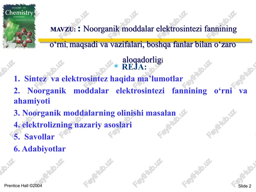 g'liq bo'lgan elektronlarni olish yoki yo'qotishning ko'p bosqichli jarayonidir. elektrolizning har bir bosqichi elektrod potentsialining ma'lum bir qiymatiga to'g'ri keladi. chapter 18 slide 6 prentice hall ©2004 ko’p bosqichli jarayon hisoblanadi va quyidagi tenglamalarda amalga oshadi: r + nh+ + ne- rhk + (n - k)n+ + (n - k) e- rhk+r + (n- k- r) n+ + (n- k - r) e- rhn, (1) r' + noh- - ne- r'ok + (n -k) oh- + kh++ (n-k) e- r'ok+ r + (n - k - r) oh-+ (k + r) h+ - (n - k - r) e- r'on + nh+, (2) bu erda r va r' — boshlang'ich mahsulotlar; rhn va r'on — yakuniy mahsulotlar; n, k, r — elektronlar soni (e-), elektrokimyoviy reaksiyada ishtiroki. chapter 18 slide 7 prentice hall ©2004 7 elektroliz jarayonlar (1) tenglama bilan ifodalangan reaksiyalar katodda sodir bo'ladi va elektroqaytaruvchi reaktsiyalari yoki elektrokimyoviy …