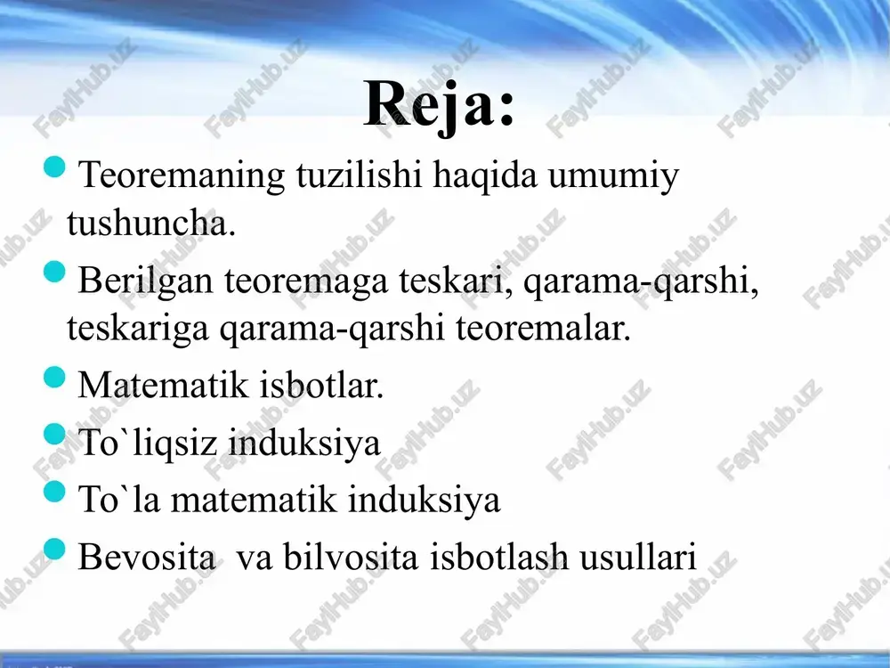ema sharti: a(x) predikat tekislikdagi barcha nuqtalarning r to‘plamida berilgan; teoremaning xulosasi: b(x) predikat tekislikdagi barcha nuqtalarning r to‘plamida berilgan; tushuntirish qismida teoremada so‘z yuritilayotgan ob’ektlar to‘plami tasvirlanadi. bu qism simvolik tarzda ko‘rinishda yoziladi. tushuntirish qismini teorema mazmunidan ham bilib olish mumkin. ixtiyoriy teoremani so‘zlar yordamida ifodalaganda “agar …, u holda ….” so‘zlari ishlatiladi, formula quyidagi ko‘rinishda ifodalandi. bu yerda x-a(x) va b(x) predikatlar berilgan to‘plam. agar teorema (1) ko‘rinishda berilgan bo‘lsa, uning sharti va xulosasi implikatsiya tashkil etadi. shu sababli teorema xulosasi b(x) predikat teoremaning sharti uchun yetarli sharti, a(x) shart esa teoremaning b(x) xulosasi uchun zaruriy shart deyiladi. teorema: “ agar natural son raqamlari yig‘indisi 3 ga bo‘linsa, shu sonning o‘zi ham 3 ga bo‘linadi.” teskari teorema: “ agar natural son 3 ga bo‘linsa, uning raqamlarini yig‘indisi ham 3 ga bo‘linadi.” teskari teorema ham to‘g‘ri bo‘lgani uchun ikkita teoremani bittaga birlashtirish mumkin. “ natural son 3 ga bo‘linishi …