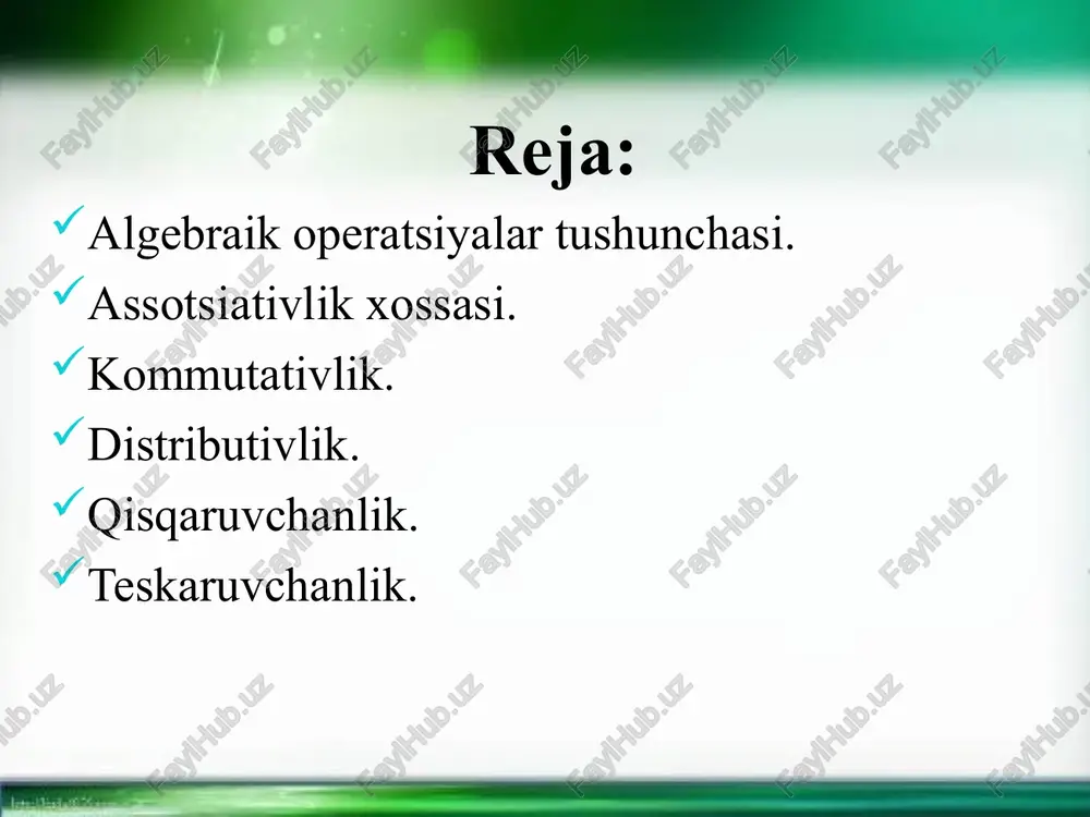 iladi. 2-ta’rif. agar xxx dekart ko`’aytmaning a qism to’plamini x to’plamga akslantirishi berilgan bo`lsa, bu akslantirishga x to’plamda qismiy algebraik amal deyiladi. , , ya’ni elementga mos keluvchi (x,y) juftlar to’plami a qismiy algebraik amalning aniqlanish sohasi deyiladi. 1-misol. natural sonlar to‘plamida qo‘shish amali algebraik amaldir, chunki uchun hamma vaqt topiladi. 2-misol. natural sonlar to‘plamida ayirish amali algebraik amal bo‘la olmaydi, chunki ixtiyoriy ikkita sonni ayirishdan chiqqan natija hamma vaqt natural son bo‘lmaydi. algebraik amallarga misollar: 3-misol. juft sonlar to‘plamida qo‘shish amali algebraik amaldir, chunki ikki juft sonning yig‘indisi yana juft son bo‘ladi. toq sonlar qo‘shish amali algebraik amal bo‘la olmaydi, chunki natija juft son chiqadi. 4-misol. butun sonlar to‘plami da qo‘shish, ayirish, ko‘paytirish amali algebraik amaldir. bo‘lish amali esa algebraik amal bo‘la olmaydi, chunki ba’zi bir hollarda bo‘lish natijasi kasr son chiqadi. definition of binary operation on a set. a binary operation on a non-empty set s is a …