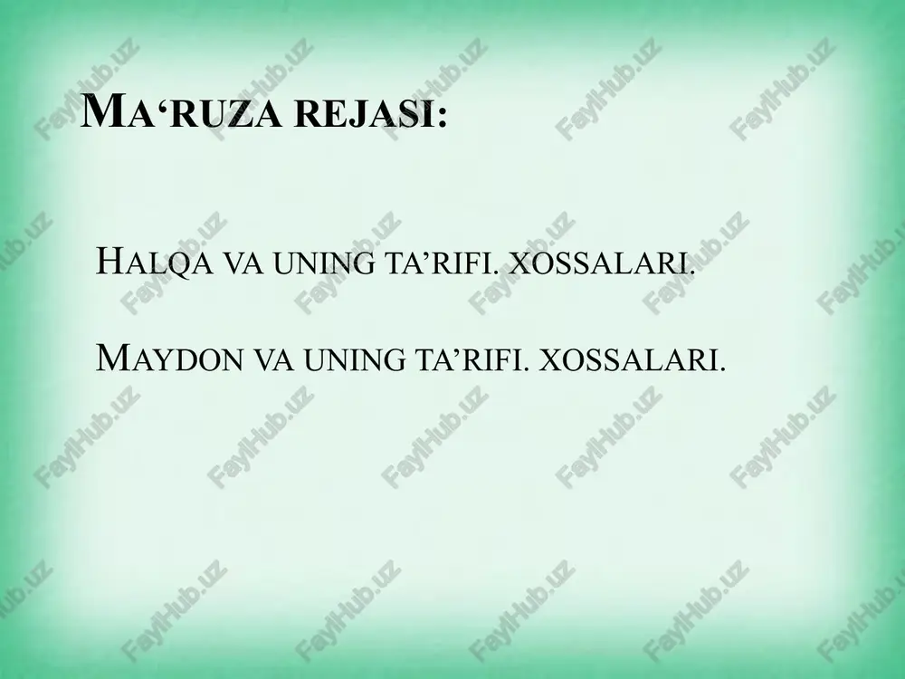 o`rinli bo`lsa, element a to’plamning nol elementi, agar uchun mavjud bo`lib munosabat bajarilsa e elementga a to’plamning birlik elementi deyiladi. misol. natural sonlar to’plamida qo`shish va ko`paytirish amallari vositasida tashkil qilingan algebra yarim halqadir. haqiqatan ham, 1) 2) 3) 4) maydon faraz qilaylik, kommutativ va birlik elementli assotsiativ halqa berilgan bo`lsin. ta’rif. agar algebra kommutativ, assotsiativ va birlik elementli halqa bo`lib, uchun a elementga shartni qanoatlantiruvchi teskari element mavjud bo`lsa, algebraga maydon deyiladi. maydon ta’rifidan ko`rinadiki: a) har qanday maydonda uning nolga teng bo`lmagan istalgan elementiga teskari element mavjud va yagonadir; b) uchun ; d) har qanday maydonda birlik element mavjud va yagonadir; e) uchun tenglikni qanoatlantiruvchi yagonadir, bu shartni qanoatlantiruvchi ning yagonaligidan kelib chiqadi: f) maydon nolning bo`luvchilariga ega emas. o`z-o`zini tekshirish uchun savollar halqa tashkil qilish uchun qanday shartlar bajarilishi kerak? yarim kommutativ halqaga ta’rif bering. assotsiativ halqaga misollar keltiring. maydonga ta’rif bering. 15 image3.jpeg image4.png image5.png image6.png …
