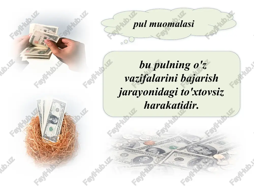 ul miqdorini aniqlash formulasi bu erda: pm - muayyan davrda muomala uchun zarur bo'lgan pul miqdori; tb - sotilishi lozim bo'lgan tovarlar summasi (tovarlar miqdori x narxi); xk - kreditga sotilgan tovarlar summasi; xt - to'lash muddati kelgan tovarlar va xizmatlar hamda boshqa to'lovlar summasi; o'x-k - naqd pulsiz o'zaro hisob-kitoblar; at - pulning aylanish tezligi. inflyatsiya bu pul muomalasi qonunlari buzilishi natijasida qog'oz pullarning mamlakatda yaratilayotgan tovar va xizmatlarga nisbatan ortib ketishidir. natijada pul qadrsizlanadi inflyatsiya sur'atini (is) aniqlash formulasi bu erda: is – inflyatsiya sur’ati tnj – joriy davrdagi iste'mol tovarlari narxi indeksi; tnb - bazis davrdagi iste'mol tovarlari narxi. inflyatsiyaning asosiy turlari talab inflyatsiyasi yalpi talab ortiqchaligi bilan natijasida yuzaga keladigan inflyatsiya. taklif inflyatsiyasi yalpi taklif qisqarishi natijasida yuzaga keladigan inflyatsiya. o'rmalovchi inflyatsiya narxlar yiliga 10 foizgacha o'sadigan inflyatsiya jadal inflyatsiya narxlar yiliga 20 dan 200 foizgacha o'sadigan inflyatsiya. giperinflyatsiya narxlar yiliga 200 foizdan yuqori darajada o'sadigan …
