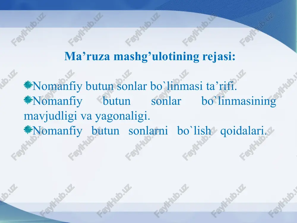 masalasi bilan bog’liq. agar a to’plamni berilgan b sondagi yoki quvvatdagi sinflarga ajratish mumkin bo’lsa, a ning b songa bo’linmasi mavjud bo’ladi. teorema. a sonining b songa bo’llinmasi mavjud bo’lsa, u yagonadir. isbot. haqiqatan ham, a : b = c va a : b = d va d son c sondan farqli bo’lsin. ta’rifga ko’ra a = bc va a = bd. bundan bc = bd va ko’paytmaning qisqaruvchanligiga ko’ra c = d ekanligi kelib chiqadi. teorema. a nomanfiy butun son b natural songa bo’linishi uchun a son b sondan kichik bo’lmasligi zarur. isboti. ava b natural sonlarning bo’linmasi mavjud bo’lsin, ya’ni a = bc shartni qanoatlantiruvchi c natural soni topilsin. istalgan c natural son uchun 1 ≤c da’vo o’rinli. ko’paytmaning monotonligiga ko’ra b • 1 ≤b -c, bc = a∧b 1 = b ekani hisobga olinsa, b≤a ekani kelib chiqadi. lekin b≤a shartning bajarilishi a : b bo’linma mavjud …