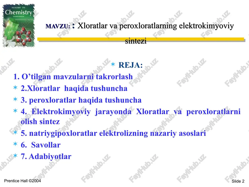 anod oqimining zichligi oshishi bilan ortadi. chapter 18 slide 6 prentice hall ©2004 xlorat ishlab chiqarish nafaqat elektrokimyoviy, balki kimyoviy reaktsiya bilan ham davom etayotganligi sababli, jarayon oqimning zichligi (yoki oqim kontsentratsiyasi) bilan tavsiflanadi. tok zichligi hajmi (i) - bu oqimning nisbati elektrolizator orqali, elektrolit hajmiga bogliq (o'lchov birligi - litr uchun amper) chapter 18 slide 7 prentice hall ©2004 ph = 6.0-6.8 da kimyoviy reaksiya tezligi maksimal bo'ladi (1-rasm). ph qiymati hcl qo'shib doimiy ravishda saqlanadi va ushbu ph oralig'ida dixromatning buferli xususiyatlaridan foydalaniladi: chapter 18 slide 8 prentice hall ©2004 diafragma va membrana diafragma va membranalarning asosiy maqsadi katolitni ajratishdir va anolit, suyuq va gazsimon mahsulotlar, yon reaktsiyalarni oldini olish. diafragma va membranalar bir qator xususiyatlarga ega bo'lishi kerak: diafragmalar barcha komponentlar uchun bir xil darajada o'tkazuvchan, ular faqat katolit va anolitning tez aralashishini oldini oladi. membranalar tizimning ba'zi tarkibiy qismlaridan o'tishi va saqlanishiga imkon beradi. chapter 18 …