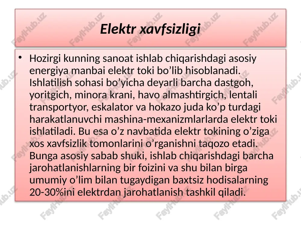 bi elektr toki sanoat ishlab chiqarishining asosiy energiya manbai boʼlib hisoblanadi. korxona va tashkilotlarda maishiy xizmatlar uchun ham elektr toki ishlatiladi. elektr xavfsizligi qisqacha aytilganda - elektr tokining, elektr yoyning, elektromagnit maydonlari, statik elektr toklarining zararli va xavfli taʼsirlaridan insonlarni muhofaza qilishni taʼminlovchi tashkiliy va texnikaviy tadbirlar hamda vositalar tizimlari hisoblanadi. elektr tokining turlari elektr tokini turlarga ajratilishida dastlab oʼzgaruvchan va oʼzgarmas, ularni sanoat korxonalarida ishlatilish sohalaridan kelib chiqqan holda yuqori(1000 v dan yuqori) va past(1000 v gacha) kuchlanishli turlarga boʼlinadi. ishlab chiqarish korxonalarida past kuchlanishli, asosan 380 v, 220 v kuchlanishli elektr toklari koʼp ishlatiladi. bulardan tashqari elektr tokini ishlatilishi boʼyicha ikki turga boʼlinadi: -maishiy xizmat elektr toklari – bularning kuchlanishi 110÷220 v; -ishlab chiqarish elektr toklari - kuchlanishi ≥ 380 v. yuqorida koʼrsatilgan barcha turdagi elektr toklari inson hayoti uchun xavfli boʼlib hisoblanadi. shuning uchun ham ulardan foydalanishda dastlabki montaj, yaʼni ulash ishlaridan boshlab xavfsizlik qoidalariga amal qilish …