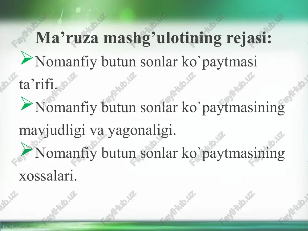 1°. ko’paytirish amali kommutativdir: (∀a, b∈n0) ab =ba. a×b~b×a⇒ n(a×b) = n(b×a) , ab = n(a×b) = n(b×a) = ba⇒ ab =ba. isbot. a = n(a) va b = n(b), a∩b =∅ bo’lsin. a×b≠b×a, shunga qaramay, a×b~b×a (bunda istalgan (a,b)∈a×b juftlikka (b,a)∈b×ajuftlik mos keltiriladi): a×b~b×a⇒ n(a×b) = n(b×a) , ab = n(a×b) = n(b×a) = ba⇒ ab =ba. 2°. ko’paytirish amali assotsiativdir: (∀ a, b, c∈ n0) (ab)c =a(bc). (ab)c= n((a×b)×cva a(bc)= n(a×(b×c)). (ab)c = n((a×b)×c=n(a×(b×c) = a(bc). isboti. (ab)c = n(a),b = n(b),c = n(c)va a, b, clar juft- jufti bilan kesishmaydigan to’plamlar bo’lsin: (ab)c= n((a×b)×cva a(bc)= n(a×(b×c)). 3°. ko’paytirishning qo’shishga nisbatan distributivligi: (∀a, b, c ∈n0) (a + b)c = ac + bc. (a +b)∙c = n((a∪b)×c) = n((a×c)∪(b×c))=n(a×c) + +n(b×c)= ac + bc. isbot. a = n(a),b = n(b), c = n(cva a, b,clar juft-jufti bilan kesishmaydigan to’plamlar bo’lsin. to’plamlar nazariyasidan malumki, (a∪b)×c = (a×c)∪(b×c)va a∩b =∅⇒(a×c)n …