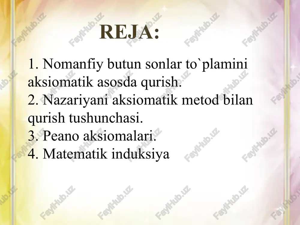 bo’lib, u 1 sonidan iboratdir. ii.har qanday a son uchun undan keyin keladigan birgina a’ soni mavjud. ya’ni a = b bo’lsa, a’ = b’ bo’ladi. bu aksioma natural sonlar to’plami-ning cheksiz ekanligini ifodalaydi. iii. istalgan son bevosita bittadan ortiq bo’lmagan sondan keyin keladi, ya’ni a’ = b’ dan a=b ekanligi kelib chiqadi. bu aksiomadan ko’rinadiki, berilgan natural sondan navbatdagi songa bir necha marta o’tilganda ham bari bir faqat va faqat bitta sonning o’zi keladi, chunki aks holda navbatdagi son hech bo’lmaganda ikkita sonning ketidan kelgan bo’lar edi iv.agar biror s qoida 1soni uchun o’rinli ekanligi isbotlangan bo’lsa va uning n natural soni uchun o ‘rinli ekanligidan navbatdagi natural son n + 1 uchun to’g’riiigi kelib chiqsa, bu s qoida barcha natural sonlar uchun o’rinli bo’ladi. bu aksioma matematik induksiya aksiomasi deyiladi va unga matematik induksiya metodi asoslanadi. natural sonlar to’plamidagi barcha sonlar uchun «tenglik» munosabati quyidagi xossalarga ega: 1 …