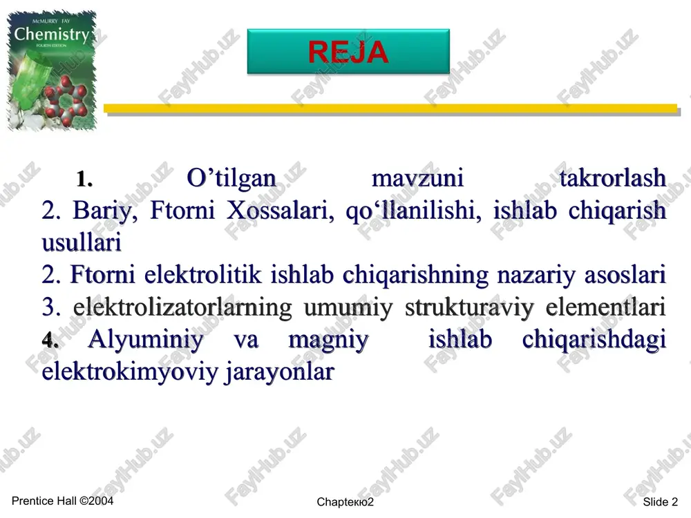 ———-→ kubik, hajmiy markazlashgan; panjara parametrlari ——————-→ 5,020 å chapter 18 slide * chapter 18 prentice hall ©2004 alyuminiy chapter 18 slide * chapter 18 prentice hall ©2004 alyuminiy chapter 18 slide * chapter 18 prentice hall ©2004 tabiatda tarqalishi chapter 18 slide * chapter 18 prentice hall ©2004 aluymeniyning qo’llanilishi chapter 18 slide * chapter 18 prentice hall ©2004 kimyoviy tarkibi chapter 18 slide * chapter 18 prentice hall ©2004 alyumini olish chapter 18 slide * chapter 18 prentice hall ©2004 alyuminiy ishlab chiqarish uchun elektrolitik sxema diagrammasi: 1 - metall korpus; 2 – futerovka; 3 – yon toonli karbonli bloklar; 4 - anodlar; 5 - elektrolitlar; 6 - alyuminiy eritmasi; 7 - o'choqli karbonli bloklar; 8 - katodli shinalar (1 – metallicheskiy kojux; 2 – futerovka; 3 – bokovie uglerodistie bloki; 4 – anodi; 5 – elektrolit; 6 – rasplav alyuminiya; 7 – podovie uglerodistie bloki; 8 – …