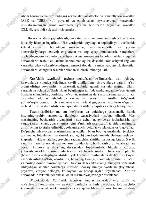 illab bsrish; material yetkazib beruvchilar bilan ratsional aloqalar o’rnatish. barcha moddiy resurslarni. ularni ishlab chiqaruvchilardan qurilish ob’ektiga soatma-soat grafinlar asosida yetkazish na o’sha srga urintirmasdan taxlab qo’yish maqsadgaeng muvofiq yo’l hisoblanadi. moddiy-texnik baza tarkibiga yo’l qurilishidagi ishlab chiqarish korxonalarini ham kiritgan ma’qul. bular: qurilish materiallarini qazib olinadigan karerlar, chaqiq tosh tayyorlaydigan korxonalar-tosh maydalash zavodlari (tmz), mineral kukun tayyorlaydigan korxonalar, organik bog’lovchilarni tayyorlovchi (quritadigan, ishchi haroratgacha qizdiradigan) korxonalar, asfaltbeton va sementbeton zavodlari (abz va tsbz), yo’l poyalari va emulsiyalari tayyorlaydigan korxonalar, mustahkamlangan grunt korxonalar, yig’ma temirbeton buyumlar zavodlari (zmjn), rels oldi yuk tushirish bazalari. bu korxonalarni joylashtirish, quvvatini va ish unumini aniqlash uchun texnik-iqtisodiy hisoblar bajariladi. ular yordamida quyidagilar topiladi: yo’l qurilishida kelajakda zarur bo’ladigan materiallar, yarimmaxsulotlar va yig’ma konstruktsiyalarga extiyoj; eng arzon va eng qisqa muddatlarda xarajatlarni qoplaydigan, quvvati turlicha bo’lgan uskunalarni qiyosiy baholash; ishlab chiqarish korxonalarini tashkil etii| uchun kapital mablag’lar; dastlabki xom ashyoni eng kam xarajatlar bilak yetkazib …