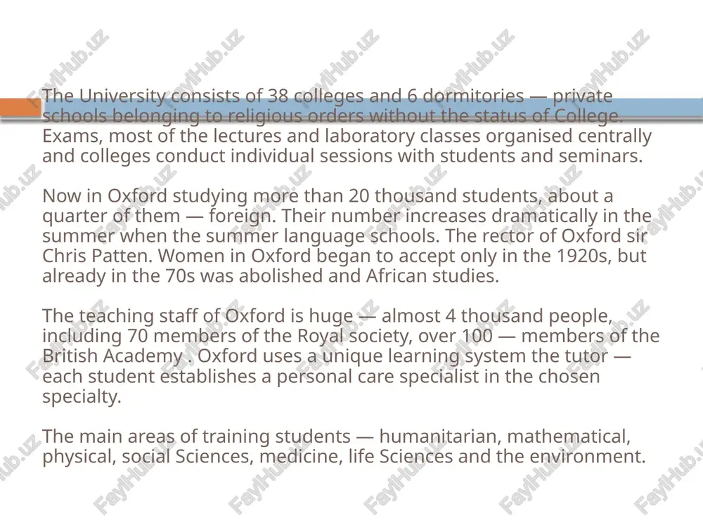 ed in the group of "ancient universities" great britain and ireland, and also in the elite group of "russell" the best 24 universities in the uk. the training is paid. interesting facts. the oxford electric bell in the university of oxford, clarendon laboratory, an electric bell, which is ringing continuously since 1840. it uses electrostatic forces of attraction, therefore, to support the work spends a very small amount of energy. dry batteries for the bell was installed at its creation, and hermetically filled in with the melted sulfur, so no one knows exactly how they work. working more than 170 years is one of the longest continuous experiments in the history[8]. oxford university was influenced by the culture. world famous suit student, one of the attributes which the oxford "bags". oksford dunyodagi eng qadimgi universitet muzeyi , dunyodagi eng yirik universitet matbuoti va mamlakat bo'ylab eng katta akademik kutubxona tizimiga …