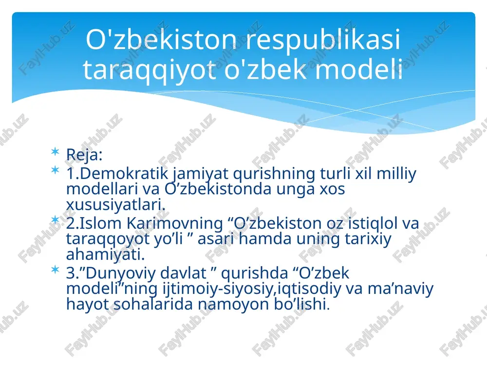 igi. 4. hokimiyat organlarining saylanib qo'yilishi. 5. so'z, matbuot va vijdon erkinligining konstitutsiya va qonunlar bilan kafolatlanishi. 6. qonun ustuvorligi. 7. fuqarolarning siyosiy va iqtisodiy huquqlari mavjudligi va tengligi. 8. tayinlash yo'li bilan shakllangan davlat organlarining saylab qo'yiladigan organlari oldida hisob berib turishi. 9. ko'ppartiyaviylik tizimining mavjudligi. 10. umummilliy masalalarning hal etilishida referendumlarning o'tkazilishi. 11. mulk shakllarining xilma-xilligi va ularning tengligini kafolatlovchi qonunlarning mavjudligi. 12. siyosiy muholifatning ochiq faoliyat ko'rsatishi. 13. jamiyatda xilma-xil fikrlarning, plyuralizmning mavjudligi . o'zbekistonning o'z istiqlol va taraqqiyot yo'li bu asar birinchi prezident islom karimov tomonidan 1992 yilda yozildi. asarda o'zbekiston taraqqiyotining o'ziga xos yo'li va demokratik jamiyat qurishning jahon taraqqiyoti tajribasi tahlil qilindi. , bu asar 5 qism, bo'limlarni o'zida ifoda etadi. bular: 1. o'z yo'limizning shart-sharoiti va zaminlari. 2. o'zbekiston demokratik va itimoiy adolat jamiyati. 3. milliy manfaatlar ustuvorligi va teng huquqli hamkorlikka asoslangan tashqi siyosat. 4. ijtimoiy jihatdan yo'naltirilgan bozor iqtisodiyotini qurish - …