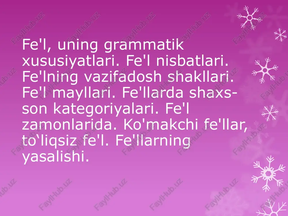 galik nisbat- birdan ortiq bajaruvchi tomonidan birgalikda bajarilgan harakat yoki holatni bildiruvchi fe'l shakli. (-sh, -ish ). fe'lning vazifa shakllari. fe'lning vazifa shakllari- fe'lning turli gap bo'laklari vazifasida kelishi uchun xoslangan shakllar. fe'lning 4 ta vazifa shakllari mavjud: - sof fe'l shakli - harakat nomi shakli - sifatdosh shakli - ravishdosh shakli fe'lning vazifa shakllari haqida umumiy xulosalar. - fe'lning vazifa shakllaridan sof fe'l, sifatdosh, ravishdosh shakllari fe'l kesim vazifasini, harakat nomi shakli esa ot keyin vazifasini bajaradi. -sifatdoshlar otlashadi, ravishdoshlar esa qolishmaydi. -sifatdoshlar otga bog'lanadi, ravishdoshlar fe'lga... fe'lning munosabat shakllari. fe'llarning munosabat shakllar fe'l asoslariga qo'shilib gapda kesim vazifasida qo'llanilishiga xoslovchi shakllardir. fe'llarning zamon, mayl, shaxs-son qo'shimchalari munosabat shakllari sanaladi. munosabat shakllarining ikkinchi nomi sintaktik shakl yashovchilar deb yuritiladi. bu shakllarga ega har qanday fe'l gapda kesim vazifasida keladi. yuqoridagi ma'no va shakllardan xoli bo‘'lgan fe'l asosi fe'lning noaniq shakli hisoblanadi. bu shakl - moq qo‘shimchasi yordamida ifodalanadi. to'liqsiz …