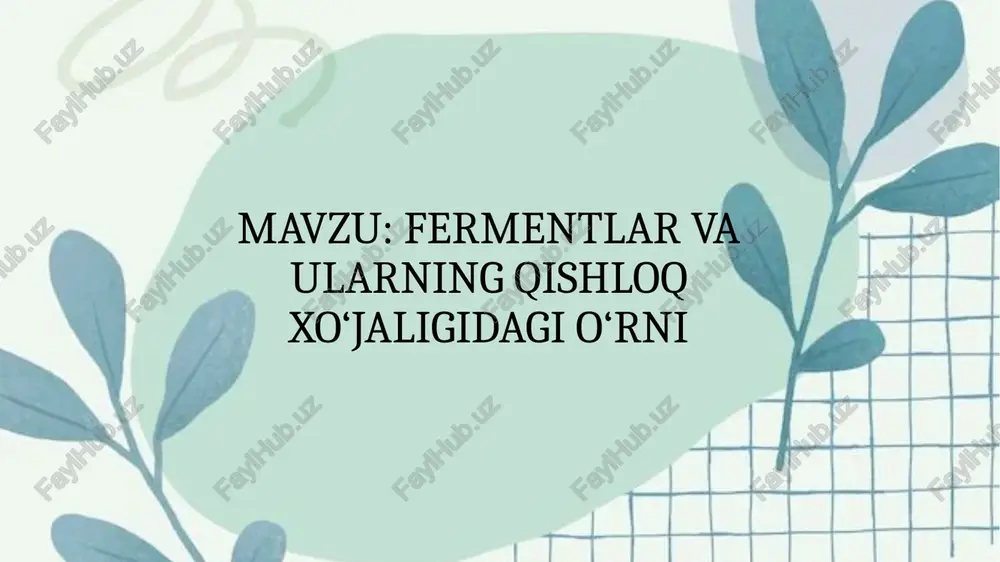 unumdorligini oshiradi, bu esa o'simliklarning yaxshi o'sishiga yordam beradi. kompostning toksikligini kamaytirish: fermentlar kompostning toksikligini kamaytiradi, chunki ular parchalanish jarayoniga yordam beradi va xavfli moddalarni yo'qotadi. sog'lom mahsulotlar: fermentlar o'simliklar va hayvonlarning o'sishini tezlashtiradi, natijada yuqori sifatli va sog'lom mahsulotlar olinadi. kimyoviy moddalarni kamaytirish: fermentlar kimyoviy o'g'itlar va pestitsidlar o'rniga tabiiy yondashuvni taqdim etadi, bu esa atrof-muhitni himoya qiladi. 4. fermentlarning qishloq xo'jaligidagi ekologik va iqtisodiy foydalari fermentlar qishloq xo'jaligida nafaqat ekologik, balki iqtisodiy foyda ham keltiradi: ekologik foyda: fermentlar yordamida tuproqni tabiiy ravishda boyitish mumkin, bu esa tuproqni uzoq muddatda barqaror saqlaydi va ekologik zararni kamaytiradi. iqtisodiy foyda: fermentlar yordamida ishlab chiqarish xarajatlari kamayadi, chunki kimyoviy o'g'itlar va pestitsidlar o'rniga tabiiy fermentlardan foydalanish mumkin. fermerlar samarali va arzon narxlarda mahsulotlar olishadi. resurslar tejash: fermentlar yordamida o'g'itlar va pestitsidlar iste'molini kamaytirish mumkin, bu esa fermerlarga ko'proq foyda olish imkoniyatini yaratadi. 5. kelajakda fermentlarning qishloq xo'jaligidagi roli va istiqbollari fermentlarning qishloq …