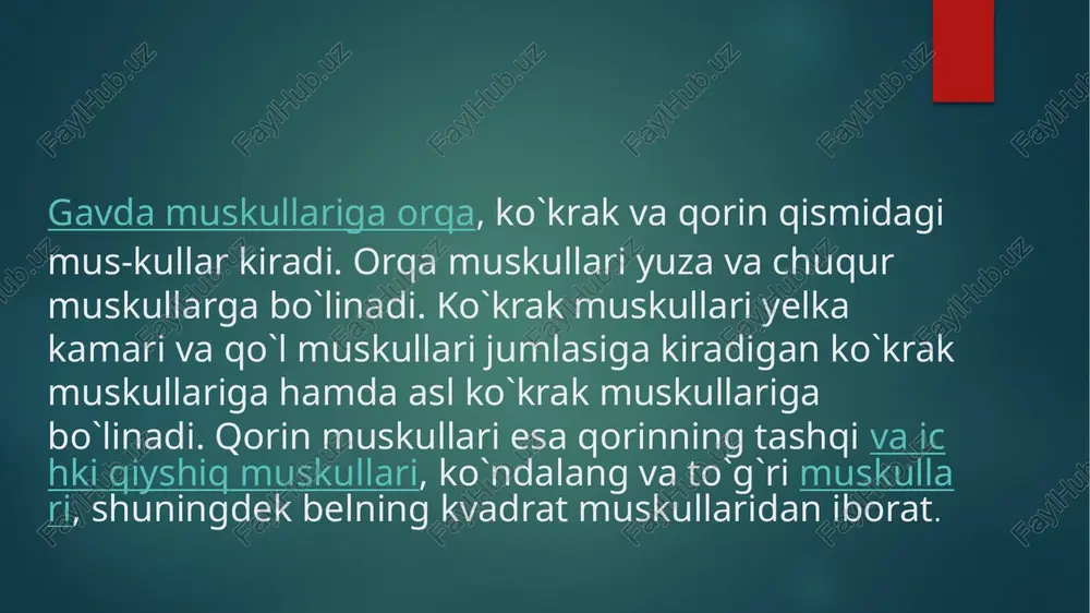 da joylashadi. qisqarganida o`mrov suyagini pastga va oldinga tortadi, to`sh -o`mrov bo`g`imini mustaxkamlaydi. oldingi tishli muskul keng to`rtburchak shaklidagi muskul. 8 -9 tish bilan yuqorigi qovurg`alaridan boshlanadi va kurakning ichki chekkasiga va pastki burchagiga birikadi. ko`krak qafasining autoxton muskullari. tashqi qovurg`alararo muskullar — har tamonda 11 tadan bo`lib, ustki qovurg`aning pastki chekkasini qovurg`a egati tashqarisidan boshlanadi. tolalari pastga va oldinga yo`nalib, pastki qovurg`aning yuqori chekkasiga birikadi. qisqarganda qovurg`alarni ko`tarib, nafas olishda ishtirok etadi. ichki qovurg`alararo muskul - pastki qovurg`aning yuqori chekkasidan boshlanib, ustki qovurg`aning pastki chekkasiga qovurg`a egatidan ichkariga birikadi. qisqarganida qovurg`alarni tushiradi va nafas chiqarishda ishtirok etadi. qovurg`a osti muskullari. - x-xii qovurg`alarning burchagi yaqinidan boshlanib, yuqori va tashqariga yo`naladi bu muskul bitta ikkita qovurg`a tashlab, yuqoridagisiga birikadi. qisqarganida qovurg`alarni tushurib nafas chiqarishda ishtrok etadi. ko`krakning ko`ndalang muskuli - to`sh suyagi tanasining pastki qismi va hanjarsimon o`sig`idan boshlanib, tashqariga va yuqoriga yelpig`ichsimon tarqaladi va xi qovurg`alar tog`ayiga birikadi. qisqarganida …