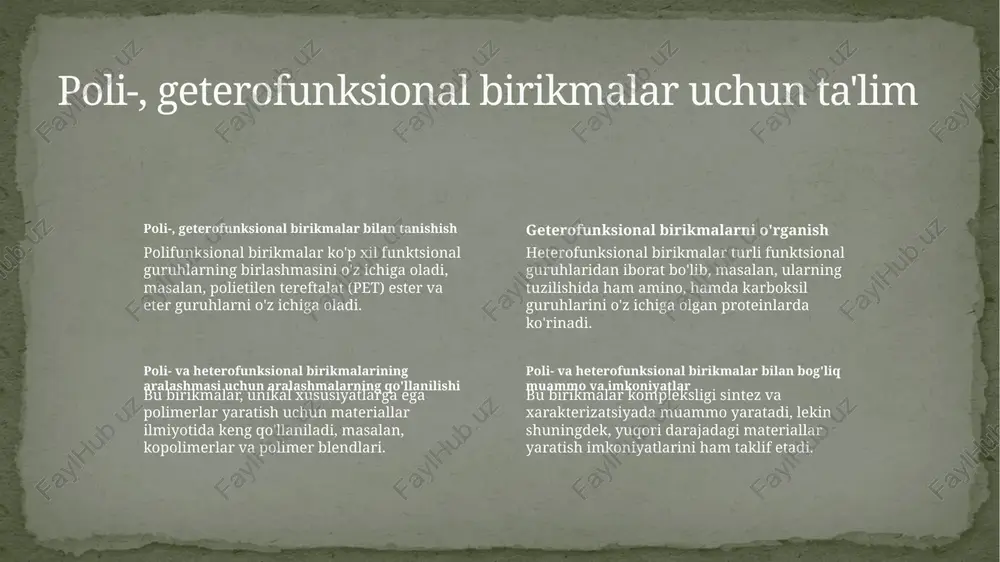 di. funksional guruhlar turlari poli-, geterofunksional birikmalarda 1 alifatik funktsional guruhlar alifatik funktsional guruhlar, masalan, alkil va alkenil guruhlari, polimerik va heterofunksional birikmalarda ko'p paydo bo'ladi, bu birikmalarda elastiklik va gidrofobik xususiyatlar beradi. 2 aromatik funktsional guruhlar aromatik funktsional guruhlar, misol uchun fenil va benzil guruhlari, polimerik va heterofunksional birikmalarning qat'iyat va barqarorligiga qo'shimcha hissa ko'rsatadi, ularning mexanik va issi xususiyatlarini 3 geteroatom funktsional guruhlar heteroatom funktsional guruhlar, oxygen, azot va sulfur kabi, polimerik va heterofunksional birikmalarning kimyoviy reaktivligi va funktsionali uchun ahamiyatli rollarni o'ynaydi. kimyoviy reaksiyalarda geterofunksional birikmalarining roli 1 2 3 turli xil geterohalqali birikmalar tepkime tezligiga ta'siri sanoat jarayonlarida misollar o'zgaruvchan birikmalar katalizatorlar, solid reagentlar yoki gaz-suyu interfeyslarni o'z ichiga olgan bo'lishi mumkin, va bu barcha kimyo reaktsiyalarida ahamiyatli rollarni o'ynaydi. o'zgaruvchan birikmalar reaksiya tezligini aks etkazib, adsorbtsiya uchun yuzlar taqdim etib, reaktivlar aloqasini kuchaytirib va aktivlashish energiyalarini o'zgartirib, reaksiya tezligiga ko'rsatki o'zgaruvchan birikmalar, avtomobillarda katalitik konvertorlar …