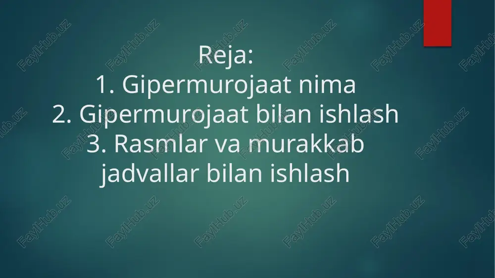 rojaatlarda “o`lik” bog`lanishlar, yani ishlamaydigan bog`lanishlar paydo bo`lishi mumkin. masalan, sizning saytingizdan murojaat qiladigan boshqa sayt sizga ma'lum qilinmasdan boshqa joyga ko`chirilishi mumkin va bu “o`lik” bog`lanish paydo bo`lishiga olib keladi. hujjatga tayyor rasmni kiritish uchun bosh menyuning vstavka (joylash) bo'limining risunok (rasm) bandini, undan esa iz fayla (fayldan) yoki kartinki (tasvirlar) bandini tanlash mumkin. birinchisi yordamida siz oldindan kiritmoqchi bo'lgan rasmni tanlash qulay bo'lsa, ikkinchisi yordamida kompyuterdagi rasmlarning galereyasini yaratib, so'ng ulardan mosini tanlab olish mumkin. rasm hujjatga kiritilgach, uning ustiga sichqonni olib kelib, chap tugmasini chertsak, nastroyka izobrajeniya (tasvirni sozlash) uskunalar paneli paydo bo'ladi. raqamli ma’lumotlar, agar ular ahamiyat kasb etsa, jadvallar ko‘rinishida taqdim etiladi. jadval – qisqa sarlavhalar va tartib raqamlari bilan to‘ldirilgan gorizontal va vertikal grafalar tizimidir. tematik sarlavhalar, grafalar sarlavhalarning takrorlanishiga yo‘l qo‘ymaslik kerak, so‘zlar takrorlanmasligi lozim. asosiy sarlavha (qoida bo‘yicha birlikda, bosh kelishikda) jadvalning o‘ziga bosh harflar bilan yoziladi. tobe sarlavhalar kichkina bosh sarlavhalar …