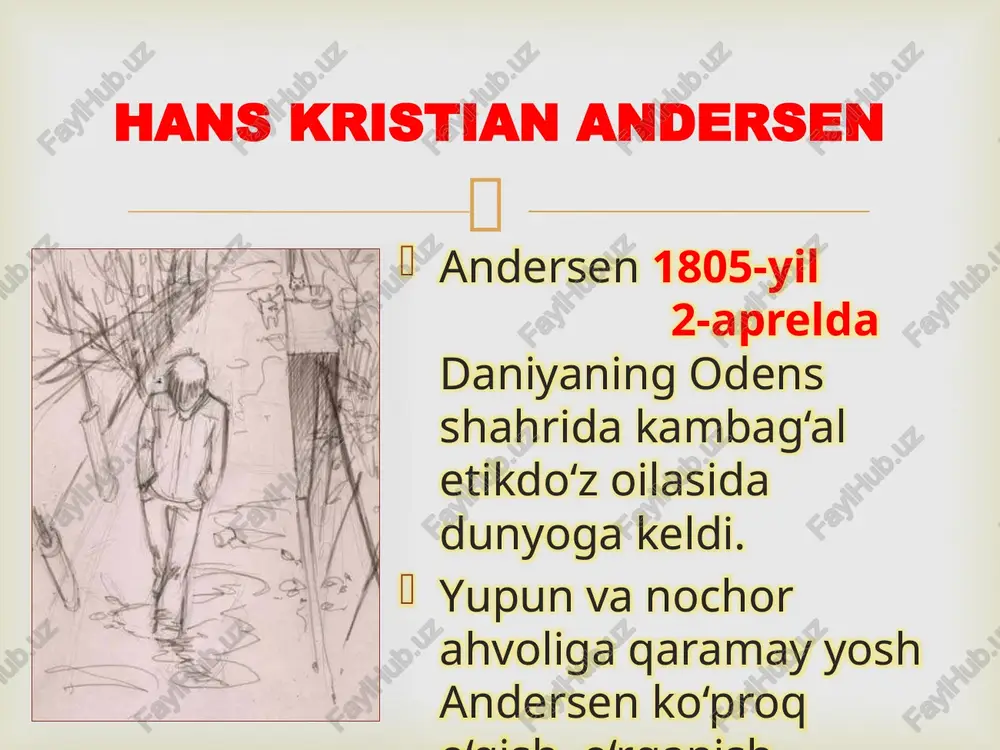 yangi ertaklar va tarix” (1858-1872) va boshqa kitoblari andersenning nomini mashhur qildi, jahonga tanitdi. andersen bu kitoblarni yaratishda xalq og`zaki ijodidan unumli foydalandi.  andersen ertaklarining qahramonlari o`zlarining samarali mehnatlari, aql-idroklari, odob-axloqlari bilan kitobxon tahsiniga sazovor bo`ladi. uning “qo`ng`roqli girdob”, “kumush tanga”, “kolbasa sixidan sho`rva”, “go`ng qo`ng`iz” va boshqa ertaklari fikrimizga yaqqol dalil bo`ladi. masalan, “qo`ng`iroqli girdob” asarini olib qaraylik. ertakda asrlar davomida ezilgan, og`ir mehnat va zulmdan tinka-madori qurigan mehnatkash xalq vakili blakening o`z xo`jasiga qarshi kurashi kitobxonni quvontiradi.  andersenga qo`yilgan haykallar  bosh qahramonlari kay va gerda. ertak bir jodugarning g‘alati ko‘zgu yasagani, bu ko‘zguda barcha yaxshi, go‘zal narsalar yomon, xunuk bo‘lib ko‘rinishi, barcha yaramas, xunuk narsalar esa aksincha, chiroyli, go‘zal bo‘lib ko‘rinishi haqidagi voqea bilan boshlanadi. jodugarning shogirdlari bu ko‘zguni butun dunyo bo‘ylab olib yuradilar. «qor malikasi» haqida  andersenning ertaklariga ishlangan suratlar       «bulbul» ertagi haqida  bu ertak go‘zallik …