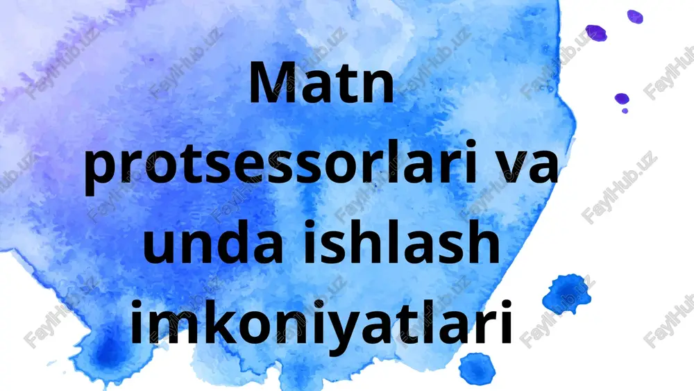 kengaytirilgan imkoniyatlar avtomatik tuzatish (autocorrect): noto‘g‘ri yozilgan so‘zlarni avtomatik tuzatadi. shablonlar (templates): tayyor namunalar asosida tez hujjat yaratish imkonini beradi. jadval va diagramma joylashtirish: ma’lumotlarni vizual tarzda taqdim etish imkoniyati. multimedia elementlari: rasm, video yoki ovozli fayl kiritish. makroslar: avtomatlashtirilgan buyruqlar ketma-ketligi orqali murakkab vazifalarni bajarish. versiyalarni saqlash: hujjatning avvalgi versiyalarini ko‘rish va tiklash imkoniyati. image1.png image2.svg image3.png image4.png image5.svg image6.png image7.png image8.jpeg image9.png image10.png image11.jpeg image12.png image13.png image14.png image15.svg /docprops/thumbnail.jpeg