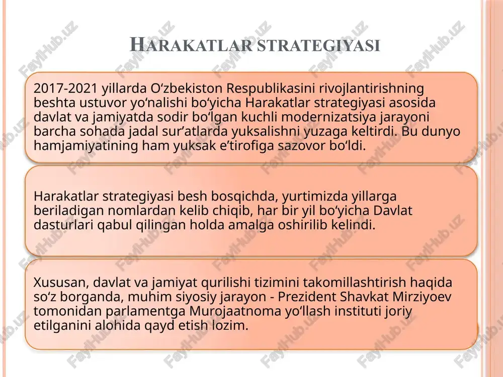 rildi. fuqarolarning ijtimoiy himoyasini kuchaytirish va kambag‘allikni qisqartirish davlat siyosatining ustuvor yo‘nalishi sifatida belgilanib, aholini yangi ish o‘rinlari va kafolatli daromad manbai, malakali tibbiy va taʼlim xizmatlari, munosib yashash sharoitlari bilan taʼminlash sifat jihatidan yangi bosqichga ko‘tarildi. so‘nggi besh yillik islohotlarning natijasida mamlakatimizda yangi o‘zbekistonni barpo etishning zarur siyosiy-huquqiy, ijtimoiy-iqtisodiy va ilmiy-maʼrifiy asoslari yaratildi. “taraqqiyot strategiyasi” markazi davlat rahbarining 2017-yil 14-fevraldagi farmoyishi bilan harakatlar strategiyasini amalga oshirishga doir tashkiliy chora-tadbirlari belgilandi. mazkur farmoyish asosida, harakatlar strategiyasida nazarda tutilgan tadbirlarning ekspertlik va jamoatchilik muhokamasini samarali tashkil etish borasidagi saʼy-harakatlarni birlashtirish, ularni mukammal amalga oshirish, fuqarolik jamiyati institutlarini, ekspertlar va olimlarni mamlakatimizni demokratlashtirish hamda modernizatsiya qilish jarayonlariga faol jalb etish maqsadida “taraqqiyot strategiyasi” markazi tashkil etildi. markaz – nodavlat notijorat tashkiloti bo‘lib, fuqarolik jamiyati shakllanishini monitoring qilish mustaqil instituti, o‘zbekiston respublikasi prezidenti huzuridagi amaldagi qonun hujjatlari monitoringi instituti, savdo-sanoat palatasi, o‘zbekiston advokatlar palatasi, prezident huzuridagi davlat boshqaruvi akademiyasi, o‘zbekiston elektron ommaviy axborot …
