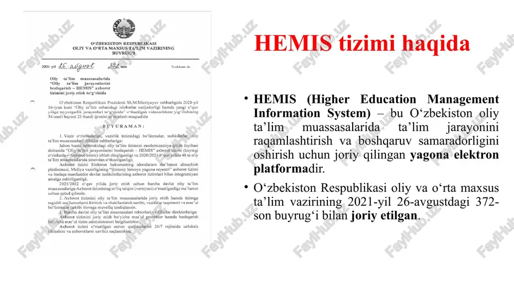 dimotlar va qo‘shimcha materiallar xamda fan topshiriqlari. unilibrary – elektron kutubxona tizimi orqali ta’limiy resurslardan foydalanish imkoniyati. 7 fan uchun berilgan topshiriqlar talabaga fan bo‘yicha berilgan topshiriqlarni ko‘rish va bajarish imkoniyati yaratiladi. ushbu topshiriqlar “fan resurslari” menyusi orqali tizimga joylashtiriladi va ularga kirish mumkin bo‘ladi o‘quv faoliyati menyusi ushbu menyu quyidagi bo‘limlardan iborat: davomat – talabaning mashg‘ulotlarda qatnashish holati. o‘zlashtirish – fanlar bo‘yicha yig‘ilgan ballar va reyting ko‘rsatkichlari. reyting daftarcha – talabaning umumiy o‘quv ko‘rsatkichlari aks etgan hujjat. imtihonlar –yakuniy imtihonlar. bitiruv ishi – talabaning yakuniy bitiruv malakaviy ishi yoki magistrlik dissertatsiyasi haqidagi ma’lumotlar. qayta o‘qish menyusi ushbu menyu quyidagi bo‘limlardan iborat: ariza (qayta o‘qish) – talaba tomonidan qayta o‘qish jarayonida qatnashish uchun topshirilgan arizalar. qayta o‘qish mashg‘ulotlari – qayta o‘qishga ajratilgan fanlar bo‘yicha mashg‘ulotlar jadvali. qayta o‘qish nazorat jadvali – qayta o‘qilayotgan fanlar bo‘yicha oraliq va yakuniy nazoratlar jadvali. qayta o‘qish o‘zlashtirish – qayta o‘qilgan fanlar bo‘yicha talabaning natijalari …