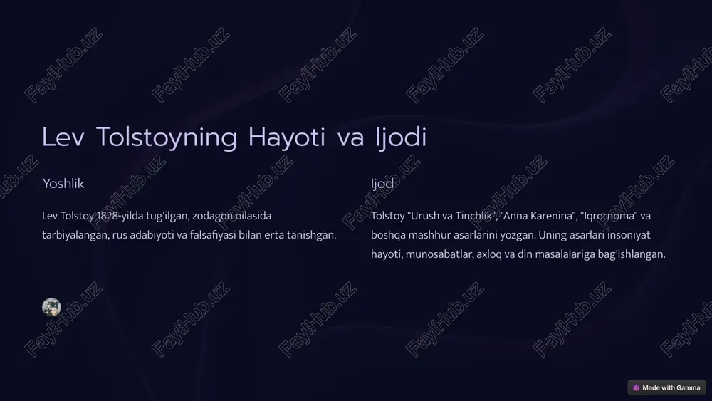 davlat u davlatning vazifasi odamlarga erkinlik va xavfsizlik berish, ammo diniy ishlarga aralashmaslik deb bilardi. 5 "iqrornoma"dagi ayrim diniy yondashuvlarning zamonaviy interpretatsiyalari mehribonlik tolstoyning "iqrornoma"da aks etgan mehribonlik va kechirimlilik g'oyalari bugungi kunda ham dolzarbdir. tinchlik uning tinchlik va birdamlikka chorlashi, bugungi jahondagi urush va zo'ravonlikka qarshi kurashishga o'z ta'sirini o'tkazmoqda. haqiqat tolstoyning "iqrornoma"dagi haqiqatga intilish va o'z qarashlarini ochiqchasiga ifoda etish g'oyalari bugungi kunda ham dolzarbdir. 6 tolstoyning diniy qarashlari va uning ijtimoiy-siyosiy qarashlari o'rtasidagi uyg'unlik imon tolstoyning diniy qarashlari uning ijtimoiy-siyosiy qarashlariga ta'sir ko'rsatdi. u insonning erkinligi, tenglik va adolat uchun kurashdi. ijtimoiy islohotlar u jamiyatdagi ijtimoiy adolatsizlikka qarshi chiqdi, qoloqlik va zulmga qarshi kurashdi. qarash u insonning ruhiy va ma'naviy o'sishini, jamiyatni yaxshilashni asosiy vazifa deb bilardi. 7 asarda aks etgan insonparvarlik g'oyalari 1 qayta tug'ilish tolstoy "iqrornoma"da insonning o'z qarashlarini qayta ko'rib chiqishi, qayta tug'ilishi muhimligini ta'kidlaydi. 2 qalbning ochiqligi u o'z qalbini ochiqchasiga o'quvchilarga ochib …