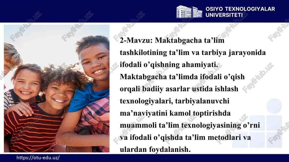 vositalarni o'rinli ishlatish. metodologik asos zamonaviy ta'lim texnologiyalari va innovatsion yondashuvlardan foydalanish. bolalar bilan ishlash metodikasi. . 5 bolalarda ifodali o'qish ko'nikmalarini rivojlantirish bosqichlari boshlang'ich bosqich (3-4 yosh) ovoz va so'z bilan tanishish, oddiy she'rlar va qo'shiqlarni takrorlash, ritm tuyg'usini rivojlantirish. o'rta bosqich (4-5 yosh) qisqa ertaklarni tinglab tushunish, oddiy dialoglarni takrorlash, ovoz balandligini o'zgartirish ko'nikmalari. yuqori bosqich (5-6 yosh) murakkab matnlarni tushunish, xarakterlarning his-tuyg'ularini ifoda etish, mustaqil hikoya qilish ko'nikmalari. 2.2 hamkorlik pedagogikasi va texnologiyasi. 6 ifodali o'qishning bolalar rivojlanishidagi o'rni intellektual rivojlanish tafakkur qobiliyatlarini rivojlantirish, til boyligini oshirish, mantiqiy fikrlash ko'nikmalarini shakllantirish. emotsional rivojlanish his-tuyg'ularni ifoda etish, boshqalarning holati va kayfiyatini tushunish, empotiya qobiliyatini rivojlantirish. ijtimoiy rivojlanish muloqot ko'nikmalarini rivojlantirish, guruh ichida ishlay olish qobiliyati, hamjihatlik tuyg'usini shaklantirish. 7 ifodali o'qish mashg'ulotlarining tuzilishi mashg'ulot bosqichlari: kirish qismi: bolalarni mavzuga tayyorlash, qiziqish uyg'otish asosiy qism: matn bilan tanishish, ifodali o'qish namoyishi mustahkamlash: bolalar bilan birgalikda takrorlash yakuniy qism: muhokama …