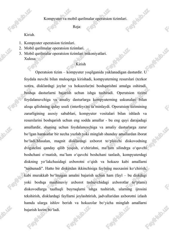 aydi, foydalanuvchi aynan qaysi uchastkalar ekanligi haqida hech narsani bilmasligi kerak. fayllarni joylashtirish jadvallarga xizmat ko‘rsatish, ulardan axborot izlash, disklarda fayllar uchun joy ajratish bo‘yicha barcha ishlar operatsion tizimi tomonidan bajariladi va foydalanuvchi bular haqida hech narsa bilmasligi mumkin. · nusxa ko‘chirish dasturi ishlayotgan paytda turli xildagi vaziyatlar, masalan, axborotni o‘qish yoki yozish vaqtida uzulishlar, buzilishlar, nusxa ko‘chirilayotgan fayl uchun disketada joy bo‘lmay qolishi va hokazolar kabi holatlar ro‘y berishi mumkin. mana shunday barcha vaziyatlar uchun tegishli xabarlar va to‘g‘rilovchi harakatlarni hisobga olib qo‘yish kerak. · operatsion tizim foydalanuvchidan bu murakkab va unga kerak bo‘lmagan tafsilotlarni yashiradi va unga ishlashi uchun qulay bo‘lgan interfeysni taqdim etadi. tizim, shuningdek, turli yordamchi harakatlar, masalan, fayllarni ko‘chirish yoki chop etishni ham bajaradi. operatsion tizim tezkor xotiraga hamma dasturlarni yuklashni amalga oshiradi, ular ishlay boshlashi bilan boshqarishni ularga topshiradi, bajarilayotgan dasturlarning so‘rovi bo‘yicha turli harakatlarni bajaradi va tezkor xotirani yakunlangan dasturdan tozalaydi. · odatda, …