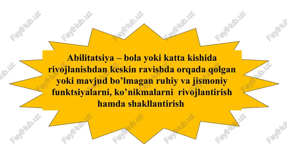 ni va ularning oilasini maxsus yordam bilan qamrab olish barvaqt yordam tashkil etishning asosiy maqsadlariga quyidagilar kiradi: o‘quv fanining maqsadi-talabalarni ilk yoshdagi bolalarning psixik va jismoniy rivojlanish qonuniyatlari, rivojlanishida nuqsoni bo‘lgan bolalar uchun ilk yordam xizmatitizimi bilan tanishtirish, ularda ilk yoshdagi bolalarni psixologik, pedagogik, logopedik tashxis qilish, rivojlanmay qolgan funksiyalarni abilitatsiya qilishga tayyorlikni shakllantirishdir. fanning vazifasi-ilk yoshdagi bolalarni ertatashxis qilish va abilitatsiyasining nazariy asoslarini yoritib berish, ilk yoshdagi bolalarni psixologik, pedagogik va logopedik tashxis qilish, tekshirish metodlarini amalda qo‘llash yuzasidan tushuncha va ko‘nikmalar bilan qurollantirishdan iborat. erta tashhis va abilitatsiya” o‘quv fanini o‘zlashtirish jarayonida ilk yoshdagi bolalarning rivojlanish qonuniyatlarini, ilk yoshdagi bolalarning psixologik, pedagogik, logopedik o‘rganish vazifalari, ilk yoshdagi bolalarni psixologik-logopedik o‘rganish tamoyillari va metodlari, metodik materiallar tanlash, ilk yoshdagi bolalarning psixologik, logopedik tekshirish ketma-ketligi va xususiyatlari, erta tashxis qilish va barvaqt aralashuv xususiyatlari, ilk yoshdagi bolalarda abilitatsiyalash yo‘llarini bilishi kerak; nogironlarni reabilitatsiya qilishning maqsadi ijtimoiy statusini, o’ziga-o’zi xizmat qilishi …