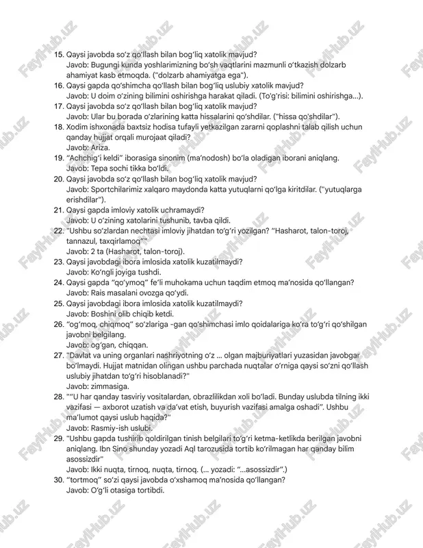 izohi to‘g‘ri berilgan javobni aniqlang.​ javob: ma’lum bir mavzu bo‘yicha eng qiziqarli nashrlarni qisqa shaklda yetkazadigan maqola. 13.​ushbu qo‘shma gap qismlari o‘rtasida qaysi tinish belgisi qo‘llanadi? qo‘shning tinch // sen tinch.​ javob: tire (—) 14.​qaysi javobda rasmiy uslub talablariga ko‘ra to‘g‘ri shakllantirilgan gap berilgan?​ javob: majlisda ko‘rilgan masalalar yuzasidan tegishli qarorlar qabul qilindi. 15.​qaysi javobda so‘z qo‘llash bilan bog‘liq xatolik mavjud?​ javob: bugungi kunda yoshlarimizning bo‘sh vaqtlarini mazmunli o‘tkazish dolzarb ahamiyat kasb etmoqda. ("dolzarb ahamiyatga ega"). 16.​qaysi gapda qo‘shimcha qo‘llash bilan bog‘liq uslubiy xatolik mavjud?​ javob: u doim o‘zining bilimini oshirishga harakat qiladi. (to'g'risi: bilimini oshirishga...). 17.​qaysi javobda so‘z qo‘llash bilan bog‘liq xatolik mavjud?​ javob: ular bu borada o‘zlarining katta hissalarini qo‘shdilar. ("hissa qo'shdilar"). 18.​xodim ishxonada baxtsiz hodisa tufayli yetkazilgan zararni qoplashni talab qilish uchun qanday hujjat orqali murojaat qiladi?​ javob: ariza. 19.​“achchig‘i keldi” iborasiga sinonim (ma’nodosh) bo‘la oladigan iborani aniqlang.​ javob: tepa sochi tikka bo‘ldi. 20.​qaysi javobda so‘z qo‘llash …