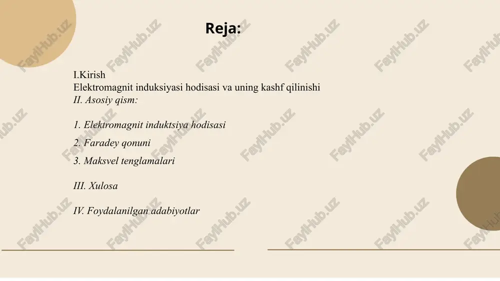 un orqali elektr va magnit maydonlari o‘rtasidagi bog‘liqlik tushuniladi. ... t.me/slaydai_bot maksvel tenglamalari elektromagnit maydonlarni tavsiflovchi to'rt asosiy tenglamalardan iborat. ular jeyms klerk maksvel tomonidan xix asrda ishlab chiqilgan. bu tenglamalar quyidagilardan iborat: gauss qonuni, elektr maydoni manbalari orasidagi munosabat; gaussning magnitizm uchun qonuni, magnit maydonning manbasizligi; faradeyning induksiya qonuni, o'zgaruvchan magnit maydonning elektr maydon hosil qilishi; amper-maksvel qonuni, elektr toki va o'zgaruvchan elektr maydonning magnit maydon hosil qilishi. ushbu tenglamalar elektromagnit to'lqinlar, elektrostatik va magnit maydonlarning nazariy asosini tashkil qiladi hamda elektromagnit nurlanishning bir qancha xususiyatlarini tushuntirishda qo'llaniladi. ... t.me/slaydai_bot induktsiyalangan emk induktsiyalangan emk (elektromotor kuchlanishi) elektromagnit induksiya hodisasi tufayli hosil bo‘ladigan kuchlanishdir. bu hodisa biror elektr zanjirida magnit oqimining o‘zgarishi natijasida vujudga keladi. faraday qonuniga ko‘ra, induktsiyalangan emk magnit oqimining o‘zgarish tezligiga proporsional: e=−dφb/dt​ bu yerda φb​ magnit oqimi. oqim o‘zgarishi zanjirda emkni hosil qiladi, u qarama-qarshi yo‘nalishda zaryadlarni harakatlantiradi. transformerlar, generatorlar va motorlar induktsiyalangan emkning muhim amaliy …