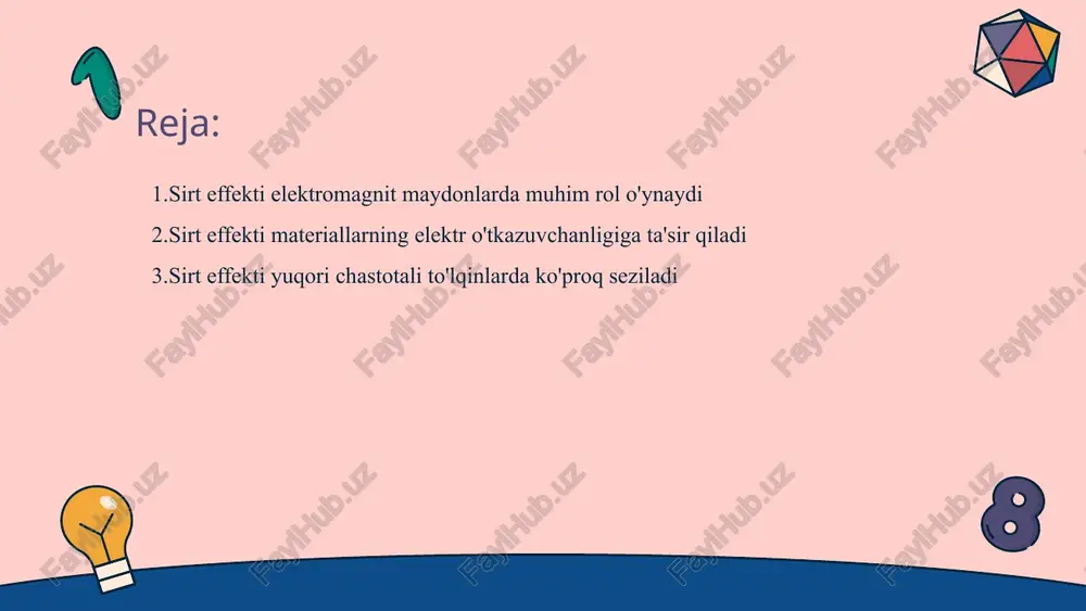 to'lqinlar - yuqori chastotali to'lqinlar elektr va mexanik tizimlarda ko'p uchraydi. ular materiallar ichidagi energiya tarqatilishida muhim rol o'ynaydi. • sirt effekti amaliyoti - misol sifatida, ultratovush to'lqinlari tibbiyotda qo'llaniladi. bu jarayon tezkor diagnostika va davolashda foydalidir. • ta'sirni anglash - bu effektlar to'lqinlar tarqalishida va energiyaning materiallarga otilishida yuzaga keladi. ta'sir yuqori chastotali to'lqinlar yordamida kuchayadi. sirt effekti bilan bog'liq formulalar va hisoblashlar • sirt effekti tushunchasi - sirt effekti, materiallarning sirtida yuzaga keladigan fizik hodisalar to‘plamidir. bu hodisalar materiallar xususiyatlariga ta'sir qiladi. • hisoblash formulalari - sirt maydoni hisoblash uchun quyidagi formula qo‘llaniladi: a = l x h. bu yerda a - sirt maydoni, l - uzunlik, h - balandlik. sirt effekti metallarda kuchliroq ifodalanadi • sirt effekti tushunchasi - sirt effekti qattiq jismlarning yuzasida mavjud bo'lgan elektronlar va atomlar orasidagi o'zaro ta'sirdan kelib chiqadi. bu effekt metallarda kuchliroq namoyon bo'ladi. • metallarning xususiyatlari - metallarning yuqori elektr …