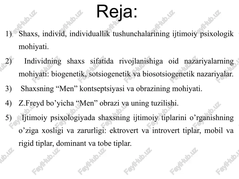 iyat maqsadlariga erishishga yo’naltirilganligi 4 ehtiyojlarining shakllanishi avvalambor ma’naviy, madaniy, o’z-o’zini mukammallashtiradigan ehtiyojlarni rivojlanishi demak!!! individ termini odamning biologik mavjudot ekanligini bildirsa, shaxs termini - uning ijtimoiy mavjudligini bildiradi individuallik tushunchasi individuallik – bu kishining o’ziga xosligi, uni boshqa odamlardan farqini aks ettiruvchi psixologik va fiziologik fazilatlar birikmasi. amerika va boshqa barcha g'arb davlatlarida shaxsni o'rganishga nisbatan ikki xil ijtimoiy psixologiya psixologik ijt. psixologiya sotsiologik ijt. psixologiya ijtimoiy psixologiyada psixologik ijtimoiy psixologiya shaxs va faoliyat, muomala, shaxslararo munosabat, shaxsning ijtimoiy-psixologik tuzilishi, shaxsning kognitiv, konativ, xulq-atvor imkoniyatlarini o'z ichiga olgan ijtimoiy ustanovkalar, shaxs va jamoaning ijtimoiy-ruhiy kechinmalari sotsiologik ijt. psixologiyada jamiyatning ijtimoiy qatlamlarini tahlil qilish, xalqlar psixologiyasi, ommaviy hodisalar psixologiyasi, sinflar, guruhlar, gumanistik psixologiya d.mayers ijtimoiy psixologiyada shaxsni o'rganishning o'ziga xosligini tahlil qilishda zolushka haqida ertagidan foydalanadi. fransuz faylasufi jan-pol sartrning ta’kidlashicha, zolushka bilan sodir bo'lgan voqeada hech qanday hayratlanarli narsa yo'q, uning fikricha, biz odamlar «hamisha vaziyatlarga bog'liqmiz. bizni vaziyatlardan …