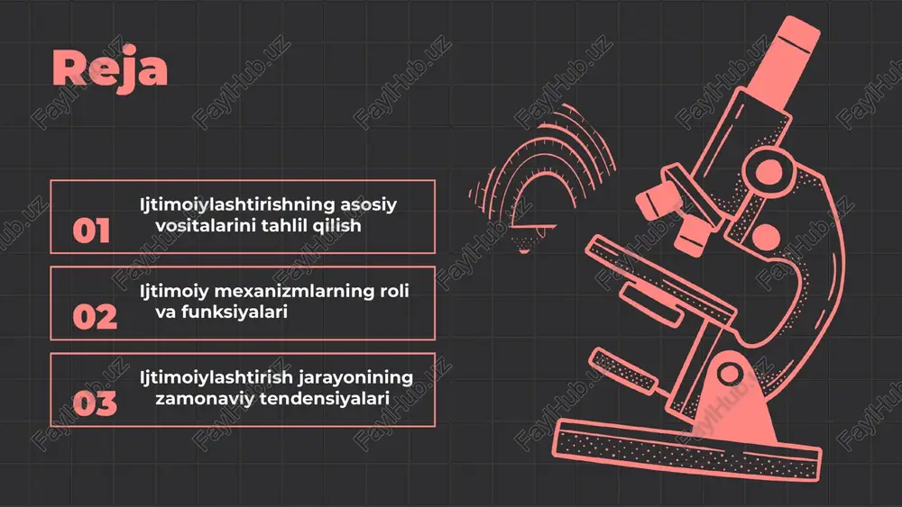 ihatlar ijtimoiylashtirish vositalari madaniy almashuvni rag'batlantiradi. ular turli madaniyatlar o'rtasida o'zaro tushunishni kuchaytiradi va madaniy merosni saqlashga yordam beradi. ijtimoiy mexanizmlarning roli ijtimoiy mexanizmlar ijtimoiylashuv jarayonida muhim ahamiyatga ega. ular insonlarning o'zaro aloqalarini va jamiyatdagi faoliyatlarini shakllantiradi. bunday mexanizmlar orqali odamlar o'zaro tajriba almashish, ko'nikmalarni o'rganish va ijtimoiy normalarni qabul qilish imkonini topadilar. bu jarayonlar shaxsning ijtimoiy hayotga integratsiyasini ta'minlaydi. shuningdek, ijtimoiy mexanizmlar jamiyatdagi ijtimoiy o'zgarishlarga ham ta'sir ko'rsatadi. ular ijtimoiy strukturalarni va ijtimoiy izchillikni saqlab turishga yordam beradi. 01 02 03 ijtimoiy mexanizmlarning funksiyalari ijtimoiy mexanizmlarning asosiy funksiyalari quyidagilar: ijtimoiy tartibni ta'minlash, resurslarni taqsimlash, va ijtimoiy aloqalarni rivojlantirish. ushbu funksiyalar, jamiyatning barqarorligini va rivojlanishini ta'minlash uchun muhim ahamiyatga ega. masalan, ijtimoiy tartibni ta'minlash funktsiyasi, qonun va qoidalar orqali amalga oshiriladi, bu esa jinoyatchilikni kamaytirish va xavfsizlikni oshirishga yordam beradi. resurslarni taqsimlash funktsiyasi esa, iqtisodiy resurslarni samarali ravishda taqsimlash orqali ijtimoiy adolatni ta'minlaydi. ijtimoiy mexanizmlarning ijtimoiy tizimga ta'siri juda katta. …