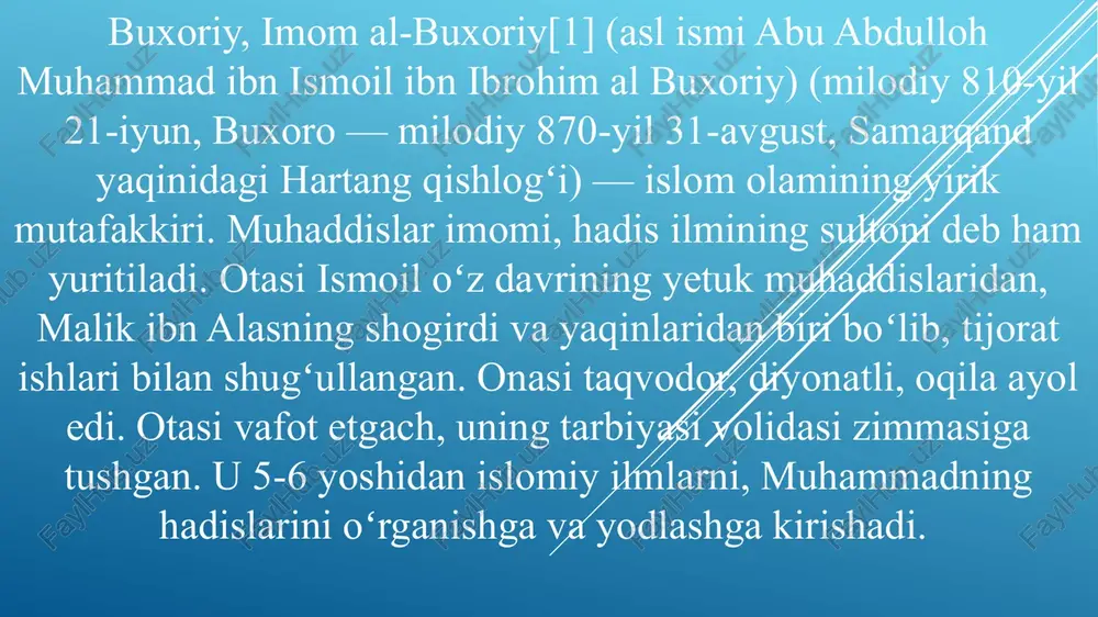 hamiyati yuksak boʻlgan bir nechta asarlar tasnif qildi: „al-jomeʼ as-sahih“, „al-adab al-mufrad“, „at-tarix al-kabir“, „at-tarix as-sagʻir“, „at-tarix al-avsat“, „at-tafsir al-kabir“ „birrul volidayn“, „asmo as-sahoba“, „kunyalar“ va boshqalar. ular orasidagi „al-jomeʼ as-sahih“ asari islom olamida qur’ondan keyingi eng muhim manba sifatida eʼzozlanuvchi manba hisoblanadi imom buxoriyning hadislar toʻplash borasidagi qoʻygan shartlari boshqa muhaddislarning shartlaridan koʻra aniqroq boʻlgani sababli „al-jomeʼ as-sahih“ asari „eng ishonchli hadislar toʻplagan“ nomiga sazovor boʻlgan. muhaddislar hadislarning roviylarini oʻzaro uchrashganlari ehtimoli mavjud boʻlsa shunga kifoyalanishgan, ammo imom buxoriy eshitgan hadislarining roviylari oʻzaro uchrashganini alohida koʻrgan guvohning eʼtirofini ham shart qilib qoʻygan. bunday shart boshqa muhaddislarda uchramaydi. hofiz ibn xajar al-asqaloniyning hisobiga koʻra „al-jomeʼ as-sahih“dagi hadislarning soni 7397 tani tashkil etadi. bular orasida takrorsizlari 2602 tani tashkil qiladi. izohlar, roviylarning ixtilofi va ilovalarni qoʻshilsa, kitobda keltirilgan hadislar soni 9082 taga yetadi. allomaning to‘liq ismi abu abdulloh muhammad ibn ismoil ibn ibrohim ibn mug‘iyra ibn bardizbah jo‘fiy buxoriy bobolari uchinchi …