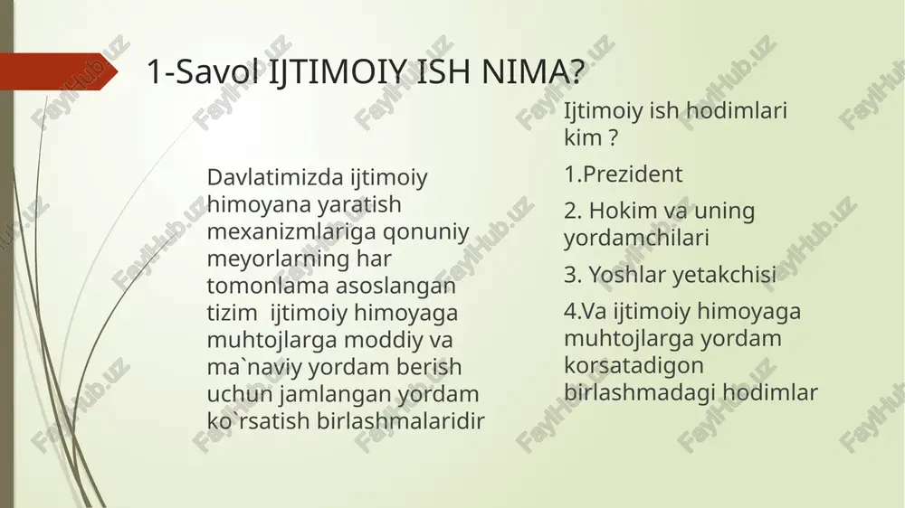 natija qiziq. shunday ekan bu sohani tamomlagan talabalar qanday joylarda ishlay oladi viloyati doirasida 1.ijtimoiy xizmat markazida 2.mahalla va fuqorolar yig`ini idoralari 3.maktab ta`lim muassasalari 4.nogiron va kam taminlanganlar uchun ijtimoiy reabilitatsiya markazlari va hokazlor dunyo kesishmasida 1. bmt unicef unesco va barcha insonlarga yordam beruvchi turli kongiliklarni tayyorlovchi maktablarda eslatma sifatida shuni aytaolamanki ayni shu yillarda bu soha mutaxasislariga ish o`rinlari juda ko`p!!! e`tiboringiz uchun raxmat! tayyorladi: abduraimov shahriyor 25/70-guruh o`quvchisi shuni unutmang mehnat qilgan xech qachon xor bo`lmaydi!!! audio1.wav image1.png image2.png audio2.wav image3.png audio3.wav image4.png /docprops/thumbnail.jpeg