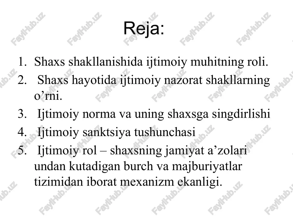 ga ta’sir etib, uni yo‘nalishini aniqlaydi hamda tempini kuchaytiradi. (taqlid va o’yin) dj.bolduin ijt. muhitni rivojlanishning muhim omili sifatida keltiradi. (o’yini ijtimoiylashuv vositasi sifatida ko’rsatib, odamni murakkab ijt munosabatlar tizimidagi hayotga tayyor. deb hisob.) v.shtern bola rivojlanishidagi konvergensiyasi nazariyasi (ikkita omil nazar. ya’ni nasl va muhit) (rivojlanish nasl va muhit ta’siri ostida shakllanadigan jarayon sifatida talqin qilinadi. yani “olma olmadan rang oladi”, “kim bilan bo’lsang, o’shandan ortirib olasan” deb hisoblash) ( ing.psixologi g.ayzenk intellekt 80% ga naslning, 20% ga muhitning ta’siri bilan belgilanadi deb hisob.) shaxs hayotida ijtimoiy nazorat shakllarning o’rni shaxs ma’lum bir jamiyatda a’zosi sifatida yashar ekan, albatta ana shu jamiyat tomindan o’rnatilgan ijtimoiy nazoratga amal qilishga harkat qiladi. ijtimoiy nazorat - shaxsning xulqiga, qadriyatlariga, tasavvurlariga va ustanovkalariga nisbatan jamiyatdagi guruhlarning yoki jamoatchilikning ta’siridir. ijtimoiy nazorat tarkibiga kiradi ekspektastiya ijt. meyor ijt. sanksiya ekspektatsiya — aynan shaxsga nisbatan atrofdagilarning kutish shaklidagi talablaridir. ijtimoiy meyor — ma’lum vaziyatlarda shaxsning …