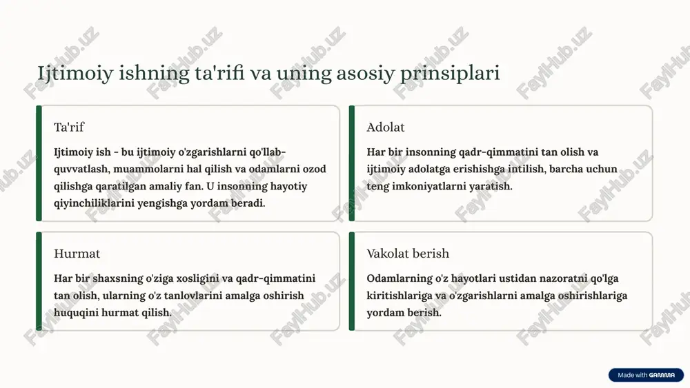 lalar farovonligi bolalarni himoya qilish, ularning huquqlarini ta'minlash va rivojlanishiga ko'maklashish. oilaga yordam oilaviy munosabatlarni mustahkamlash, nizolarni hal qilish va oila a'zolarini qo'llab-quvvatlash. keksa avlod keksa yoshdagi fuqarolarga g'amxo'rlik, ijtimoiy xizmatlar ko'rsatish va ularning faol hayot tarzini ta'minlash. 5 ijtimoiy ishning boshqa yo'nalishlari: nogironlar, migratsiya, qaramlik nogironligi bo'lgan shaxslar integratsiya, teng imkoniyatlar yaratish va hayot sifatini oshirishga ko'maklashish. migratsiya ko'chib kelganlarga moslashish, ijtimoiy-huquqiy yordam ko'rsatish. qaramlik giyohvandlik va boshqa qaramliklardan aziyat chekkanlarga reabilitatsiya va ijtimoiy yordam. 6 ijtimoiy ishda qo'llaniladigan usullar va texnikalar ijtimoiy ish samaradorligini oshirish uchun bir qator usul va texnikalar qo'llaniladi: individual konsultatsiya shaxs bilan bevosita ishlash, muammolarini tahlil qilish va yechim topishga yordam berish. guruh ishi o'xshash muammolarga ega shaxslarni birlashtirib, o'zaro yordam va qo'llab-quvvatlash guruhlarini tashkil etish. jamoaviy rivojlanish muayyan jamoalar ichidagi muammolarni aniqlash, resurslarni safarbar etish va mahalliy tashabbuslarni qo'llab-quvvatlash. advokatlik va lobbichilik mijozlar manfaatlarini himoya qilish, ularning huquqlarini ta'minlash uchun siyosiy va ijtimoiy …