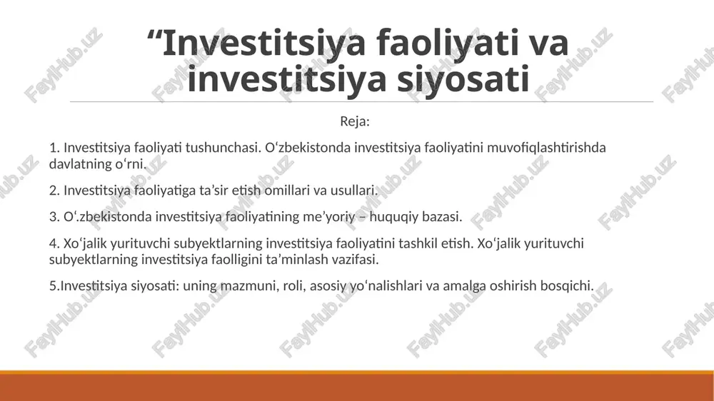zbekiston respublikasi rezidentlari tomonidan emissiya qilingan qimmatli qog‘ozlarni, shu jumladan qarz majburiyatlarini olish. konsessiyalarni, shu jumladan tabiiy resurslarni qidirish, ishlab chiqish, qazib olish yoki ulardan foydalanishga bo‘lgan konsessiyalarni olsih; konsessiya - chet ellik investorga xo‘jalik faoliyatining muayyan turi bilan shug‘ullanish uchun davlat nomidan beriladigan ruxsatnoma. qonun hujjatlariga muvofiq mulk huquqini, shu jumladan intellectual mulk obyektlariga, savdo obyektlari va xizmat ko‘rsatish sohasi obyektlariga, ular joylashgan yer uchastkalari bilan birga mulk huquqini olish; yerga va boshqa tabiiy resurslarga egalik qilish hamda ulardan foydalanish huquqini olish. investorlar quyidagi shakllarda investitsiyalar kiritishi mumkin: - tanlov savdolarining ishtirokchisi bo‘lishga; - agar qonun xujjatlarida yoki shartnomada boshqacha qoida belgilanmagan bo‘lsa investitsiya faoliyati ishtirokchisining huquqlari: agar qonun xujjatlarida yoki shartnomada boshqacha qoida belgilanmagan bo‘lsa investitsiya faoliyati obyektining haqiqiy qiymatini pasaytirish natijasida erishilgan tejamni mustaqil ravishda tasarruf etishga haqlidir. investor oldida o‘z majburiyatlarini bajarishga boshqa shaxslarni jalb etishga qonun hujjatlarida belgilangan texnik jihatdan tartibga solish normalari, qoidalari va …