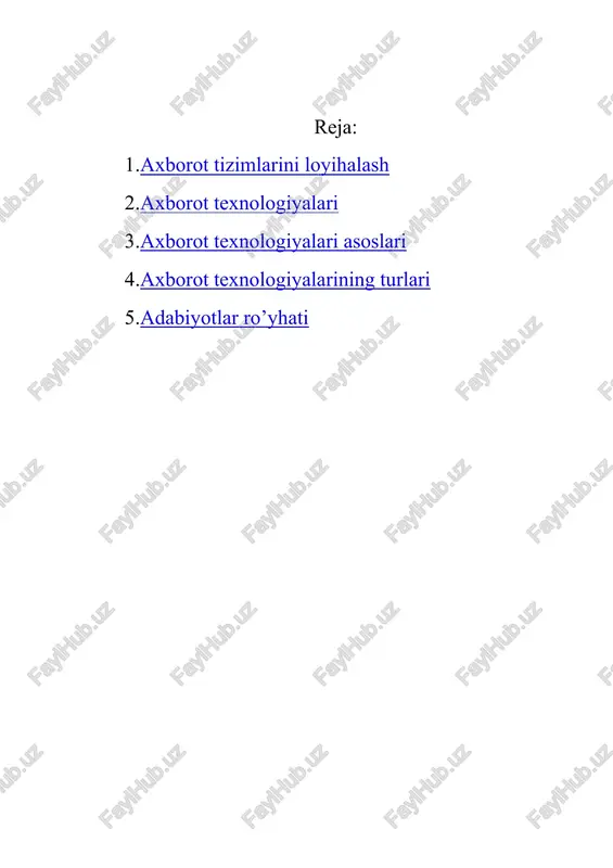`yorlar yig`indisini o`zida namoyon etadi. axborot tizimini qayta ishlashning huquqiy ta`minoti at buyurtmasiga va tayyorlovchi o`rtasidagi shartnomaviy o`zaro munosabatlar me`yoriy aktlari, chetga chiqishlarining huquqiy tartibga solinishini o`z ichiga oladi. lingvistik ta`minot inson va ehm muloqotini ishlab chiqarish va ta`minlash samaradorligini oshirish uchun ma`lumotlarni qayta ishlash tizimini yaratish va ulardan foydalanishning turli bosqichlarida ishlatiladigan til vositalari yig`indisini o`zida namoyon etadi. axborot tizimlari ma`lumotlari bilan ishlash mutaxassislarga keng yordam beradi, muhandislar va loyihachilarning ish samaradorligini oshiradi. bunday axborot tizimlarining vazifasi – tashkilotlarga yangi ma`lumotlarni integratsiyalash va qog`oz xujjatlarni qayta ishlashga yordam berishdan iborat. sanoat jamiyati axborot jamiyatiga aylanib borar ekan, iqtisodiyot mahsuldorligi borgan sayin bu tizimlar rivojlanishi darajasiga bog`liq bo`la boradi. bunday tizimlar ayniqsa ishchi stantsiyalar va ofis tizimlari ko`rinishda bugungi kunda biznesda juda tez rivojlanmoqda. axborot tizimlarini loyihalash axborotlar tizimini loyihalash texnologiyalari deb at loyihasini yaratish va yangilashga yo`naltirilgan loyihalash uslub va vositalari, tashkiliy usullari va foydalaniladigan texnik vositalar yig`indisiga aytiladi. …