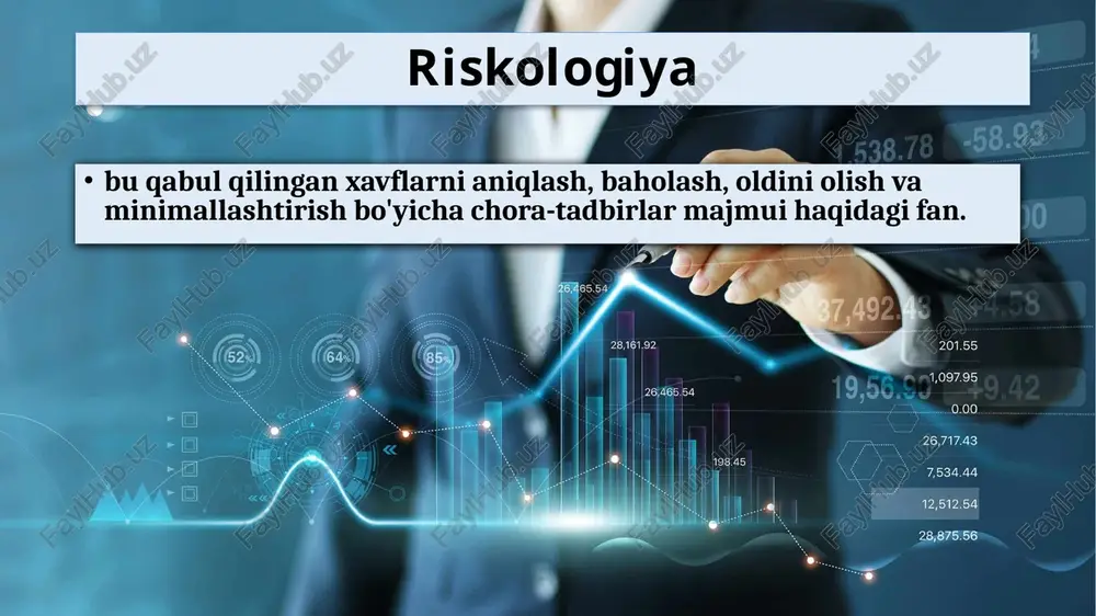 lar va ularni kamaytirish bo'yicha ko'rilgan choralar to'g'risida ma'lumot olishdan iborat. bu xavf darajasini o'zgartiruvchi yangi holatlarni aniqlashda, ushbu ma'lumotlarni sug'urta kompaniyasiga o'tkazishda, xavfsizlik tizimlarining samaradorligini nazorat qilishda ifodalanishi mumkin. va hokazo. bir necha yilda bir marta, ushbu davrda sodir bo'lgan yo'qotishlar to'g'risidagi ma'lumotlarni hisobga olgan holda, qo'llaniladigan xavflarni boshqarish choralarining samaradorligi to'g'risidagi ma'lumotlarni ko'rib chiqish kerak. tashkilotning risklarni boshqarish jarayoni tomonidan taqdim etilgan imkoniyatlar boshqaruvga kerakli rentabellik va rentabellik maqsadlariga erishishga yordam beradi va resurslarning noto'g'ri taqsimlanishining oldini olishda ham. xatarlarni boshqarish jarayoni samarali moliyaviy hisobot jarayonini ta'minlash, shuningdek, qonunlar va qoidalarga rioya qilish, tashkilot obro'siga putur etkazmaslik va tegishli oqibatlarning oldini olishga yordam beradi. shunday qilib, risklarni boshqarish jarayoni menejmentga o'z maqsadlariga erishish va shu bilan birga noto'g'ri hisob-kitoblar va kutilmagan hodisalardan qochish imkonini beradi. image1.jpg image2.jpg image3.png image4.jpg image5.jpg image6.jpeg image7.jpg image8.jpg /docprops/thumbnail.jpeg