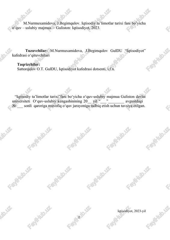 ri nazariyalari 139 11-mavzu. hozirgi zamon iqtisodiy qarashlari evolyutsiyasi 155 12-mavzu. yangi o‘zbekiston: ijtimoiy-iqtisodiy siyosati va strategiya 162 testlar 170 mustaqil ta’lim 181 adabiyotlar ro‘yxati 183 muhim sana, tushuncha va izohlar 184 glossariy 195 kirish iqtisodiy ta’limotlar tarixi iqtisodiy fanlar tizimida alohida o‘rin tutadi. u iqtisodiy nazariyani to‘ldirib borgach, mustaqil fan sifatida iqtisodchi mutaxassislarni tayyorlashda, ularning iqtisodiy bilim, malakasini oshirishda katta rol o‘ynaydi. iqtisodiy ta’limotlar tarixi turli tarixiy davrlarda olimlarning asosiy iqtisodiy qarashlari tizimining paydo bo‘lishi va rivojlanishining tarixiy jarayonini o‘rganadi. bu shu narsani bildiradiki, iqtisodiy ta’limotlarning vujudga kelishi va rivojlanishi tahlili yozuv ixtiro etilgan quldorlik davrdan boshlab ijtimoiy taraqqiyotning barcha tarixiy jarayonlarini, barcha tarixiy davrlarni o‘z ichiga oladi. mustaqillikka erishgan respublikamiz milliy madaniyatining tezkorlik bilan rivojlanishi tabiiy ravishda uning asosiy manbai bo‘lish madaniy merosimizni keng va chuqur hamda ilmiy asosda izchil o‘rganishimizni taqozo etadi. ma’lumki, uzoq o‘tmishga ega bo‘lgan o‘rta osiyo xalqlari tarixi o‘z boshidan turli voqealarni, ko‘tarilish va …