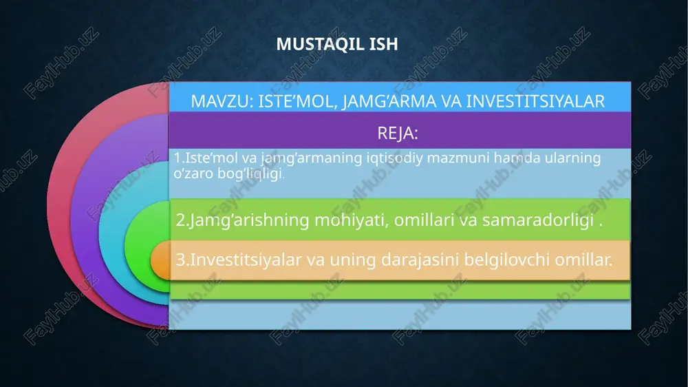 iy daromadning jamiyat a’zolari moddiy va ma’naviy extiyojlarini qondirishga sarflanuvchi qismi iste’mol fondi deb ataladi *daromad tarkibida ist’mol sarflari ulushi qanchalik yuqori bo’lsa jamg’arma hajmi shunchalik kam bo’ladi *bu aholi daromadlarining tirikchilik ne’matlari va xizmatlar uchun ishlatiladigan qismi. iste’mol sarflari- *bu aholi korxona (firma) va davlat joriy daromadlarining kelajakdagi ehtiyojlarini qondirish va daromad olish maqsadlarida to’planib borishi. jamg’arma- y=c+s iste’mol va jamg’arma hajmi hamda ung atasir ko’rsatuvchi omillar o’rtasidagi bog’liqlik iste’mol va jamg’arma funksiyasi deyiladi klassik iqtisodchilar fikriga ko’ra keyns fikriga ko’ra iste’mol real foiz stavkasining pasayib boruvchi funksiyasi hisoblanadi iste’mol-uy xo’jaliklari joriy daromadlarining o’sib boorish funksiyasi hisoblanadi jamg’arish – milliy daromadning bir qismining (jamg’armaning) asosiy va aylanma kapitallari, shuningdek, ehtiyot zaxiralarini ko’paytirish uchun sarflanishidir 2.jamg’arishning mohiyati, omillari va samaradorligi ishjtimoiy – madaniy sohadagi jamg’arish (noishlab jiqarish jamg’arishi) uy – joy fondini, kasalxonalar, o’quv muassalari ya’ni nomoddiy soha va tarmoqlarini kengaytirish rekonstruksiyalash yangilashyga sarflanadi md)x100% jamg’arish normasining ham o’z chegarsi …