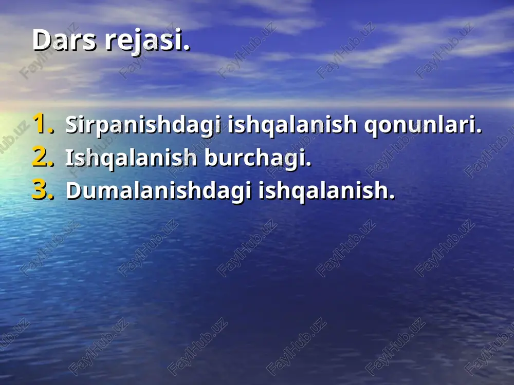 ib turgan yuzasi orqali o`tgan urinma tekisligida yotuvchi urinma reaktsiya kuchidan ham iborat bo`lar ekan. shuning uchun bog`lanishning to`la reaktsiya kuchi urinma va normal reaktsiya kuchlarining geometrik yig`indisiga teng bo`ladi: r =f +n frantsuz olimi sh.g.kulon (1736-1806) o`tkazgan tajribalariga asoslanib, sirpanishdagi ishqalanish qonunlarini qo`yidagicha ta'riflangan. 1.eng katta ishqalanish kuchi normal bosimga mutanosibdir: fmax=fn, bunda: fmax–eng katta statik ishqalanish kuchi: f-sirpanishdagi ishqalanish koeffitsienti: n -normal bosim. 2.ishqalanish kuchi jismlarning ishqalanuvchi sirtlari o`lchamlariga bog`liq bo`lmaydi. 3.sirpanishdagi ishqalanish kuchi jismlarning materialiga ishqalanuvchi sirtlarning ishlanish darajasiga bog`liqbo`ladi. sirtlar silliq bo`lsa, ishqalanish kuchi kam bo`ladi. 4.jism harakatda bo`lganda ishqalanish kuchi tinch turgandagiga nisbatan kamroq bo`ladi. ya'ni sirpanishdagi ishqalanish koeffitsienti o`lchovsiz son bo`lib, uning qiymatini yuqorida keltirilgan moren ajribasi asosida aniqlash mumkin. turli materiallar uchun ishqalanish koeffitsientining qiymatlari spravochniklarda beriladi. ishqalanish burchagi. ishqalanish konusi agar biror sirtga tayanib turgan jism sirpanish oldida bo`lsa, ishqalanish kuchi eng katta qiymatga ega bo`ladi (68-rasm), ya'ni rmax =n + fmax …